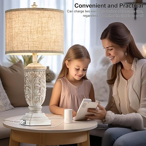 Miniatura 2 de Juego de 2 lámparas de mesa de granja, 27.5 pulgadas de alto rústicas con puertos USB, lámpara de mesita de noche vintage, lámpara de resina blanca