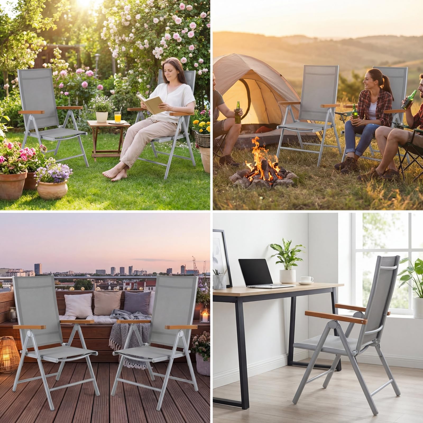 LIFERUN Alu Gartenmöbel Set 5-TLG, Balkonset 4 Stühle 1 Tisch, WPC Gartentisch + 4er Hochlehner Gartenstuhl Klappbar Wetterfest Aluminium Balkonmöbel für Veranden, Terrassen, Teakbraun+Hellgrau5pcs