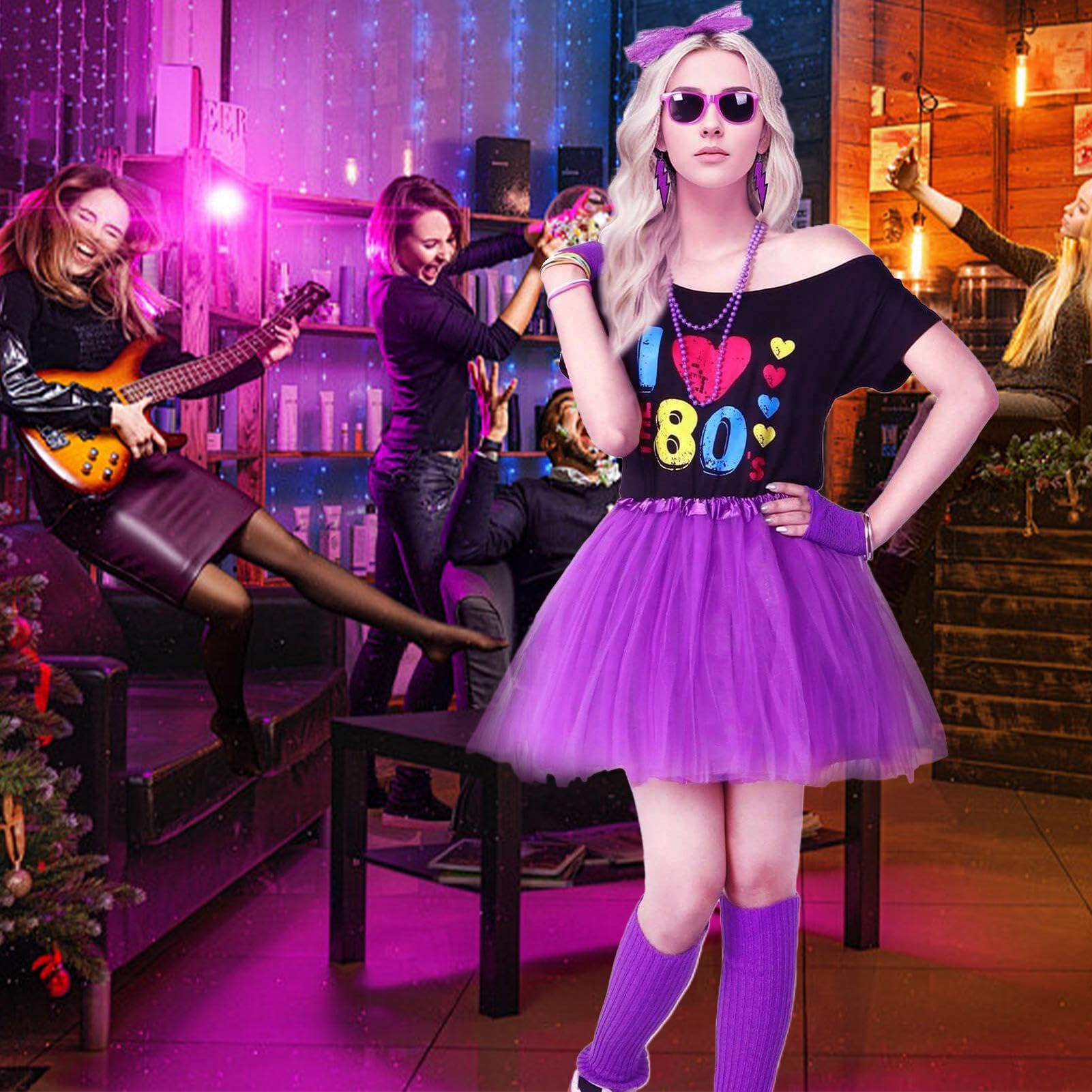 Costumes genéricos de los años 80 para mujer, trajes de los años 80 para mujer, camiseta falda tutu, top con hombros descubiertos, disfraz de cosplay 1980, pulseras collar diadema