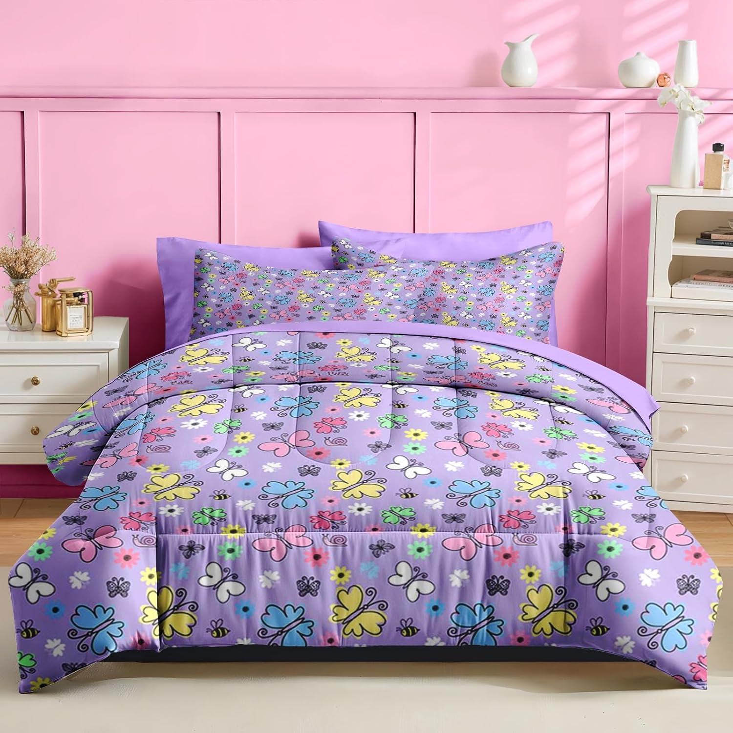 Nesker 5 Pcs Comforter Set Twin Size, Colorful Butterfly Bedding for Kids Teen, Cute Cartoon Flowers Bed Sheet with Pillowcase & Sham - Image 2