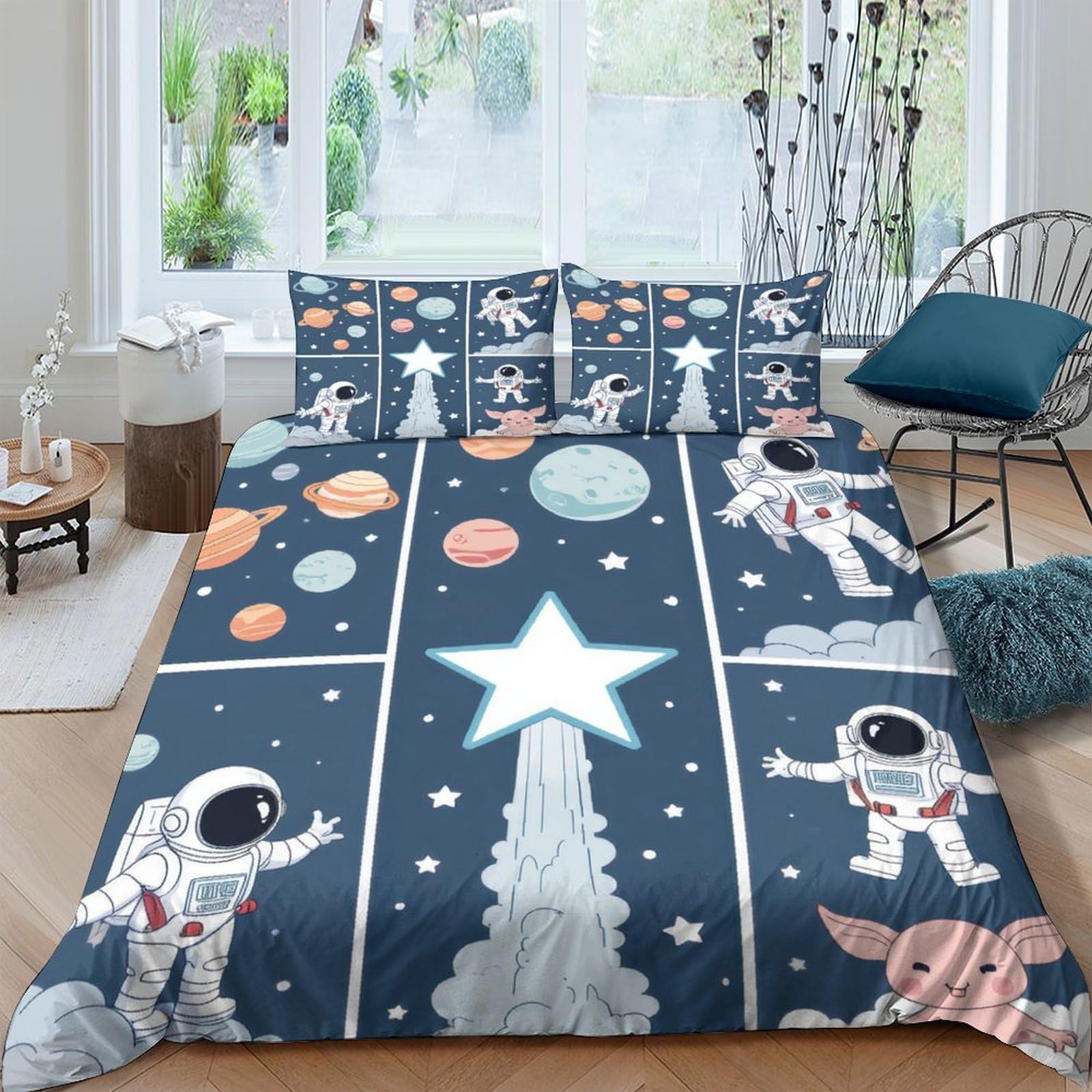 GPLZQXKJNH 3D Printed Astronaut Space Duvet Cover Microfiber Soft Breathable Rocket Planet Bedding Set with 2 Pillowcases for Bedroom Home Single（135x200cm）