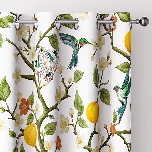 Cortinas florales 100% opacas, cortina negra vintage de colibrí de 84 pulgadas de largo, cortinas de ventana con aislamiento térmico estampado, 2