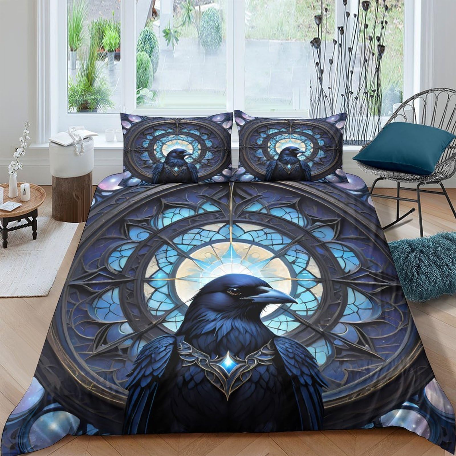 Ctjqhvkz Style-10 3D Printed Mystic Raven Fitted Sheet Microfiber Soft Blue Gothic Feather Bed Cover For Bedroom Dorm Decor Single（135X200cm）