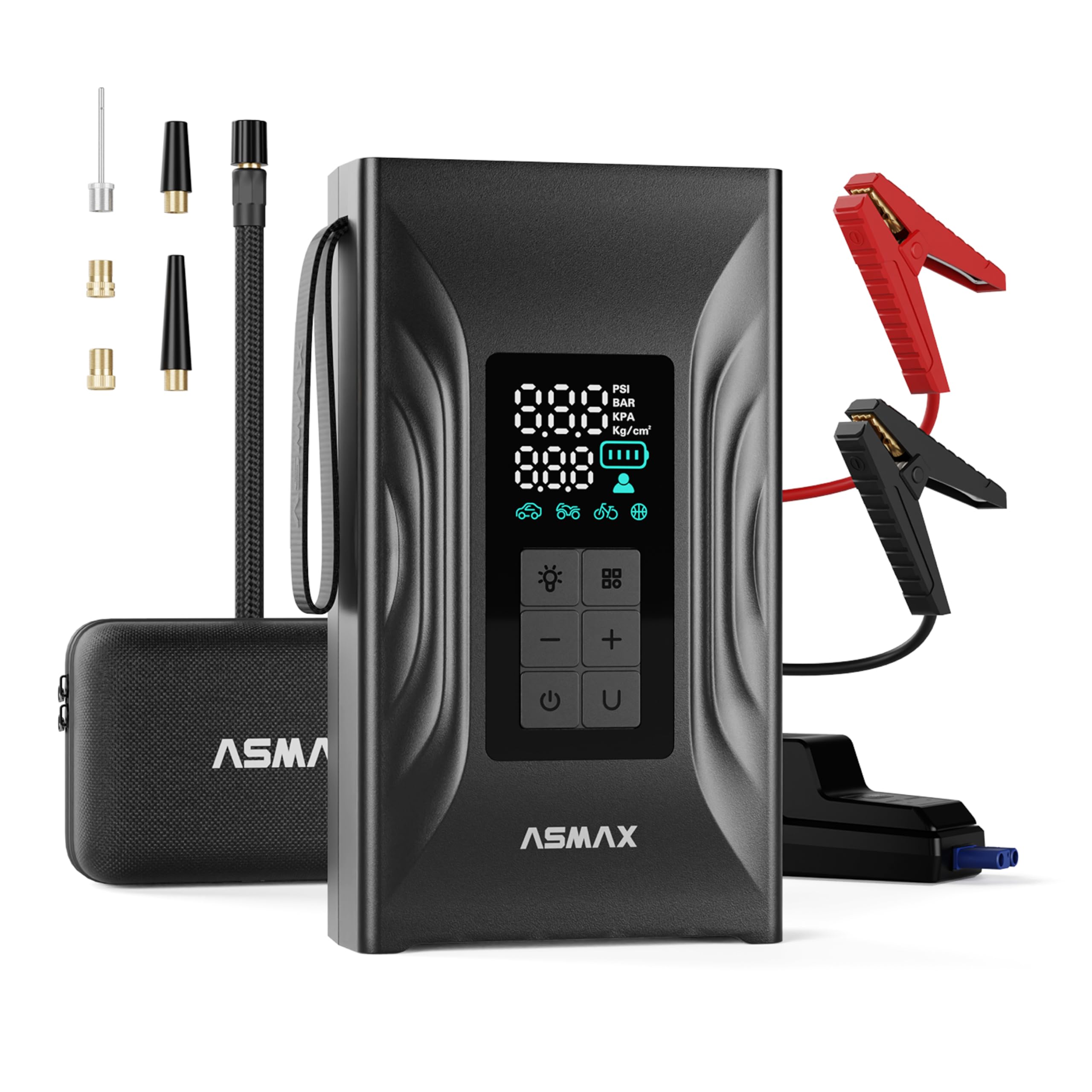ASMAX T20 Arrancador de Baterias de Coche 4000A, Compresor de Aire 150PSI, Arrancador de Coche 12V para 9L de Gasolina o 8L de Diésel, Booster con Pantalla LCD Grande, para Coche/Moto