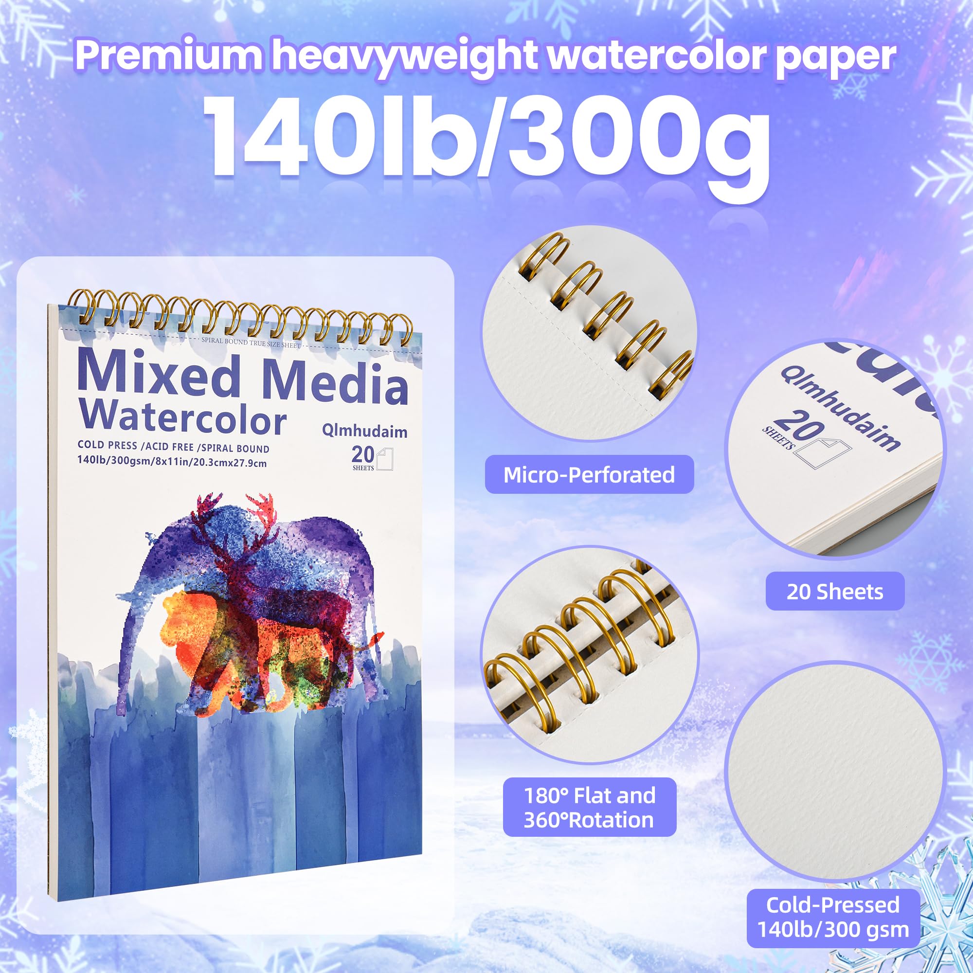 Qlmhudam - Bloc de papel de acuarela de 8 x 11 pulgadas, cuaderno de bocetos de papel pesado y texturizado, encuadernado en espiral, 20 hojas de 140 libras/300 g, cuaderno de bocetos de acuarela para
