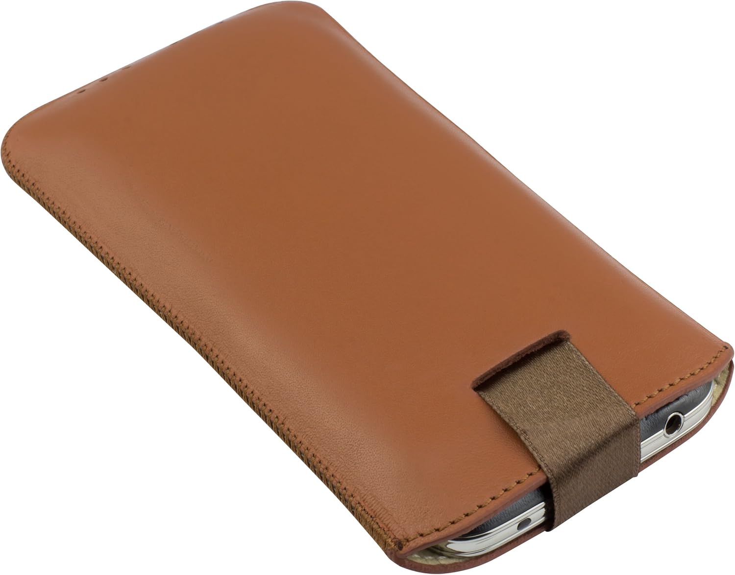 mumbi Genuine Leather Case Compatible with Samsung Galaxy S5 Mini with Flap and Pull-Out Tab Cognac