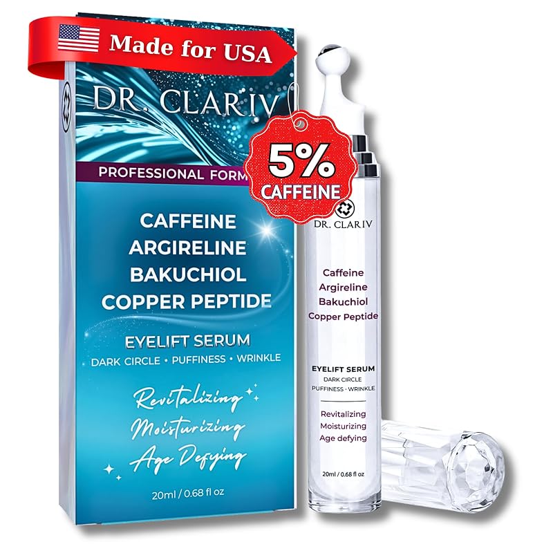 Sérum para a região dos olhos DR. CLARIV com cafeína 5%, bakuchiol, Argireline e peptídeos de cobre GHK-Cu, aplicador roll-on, 20 mL