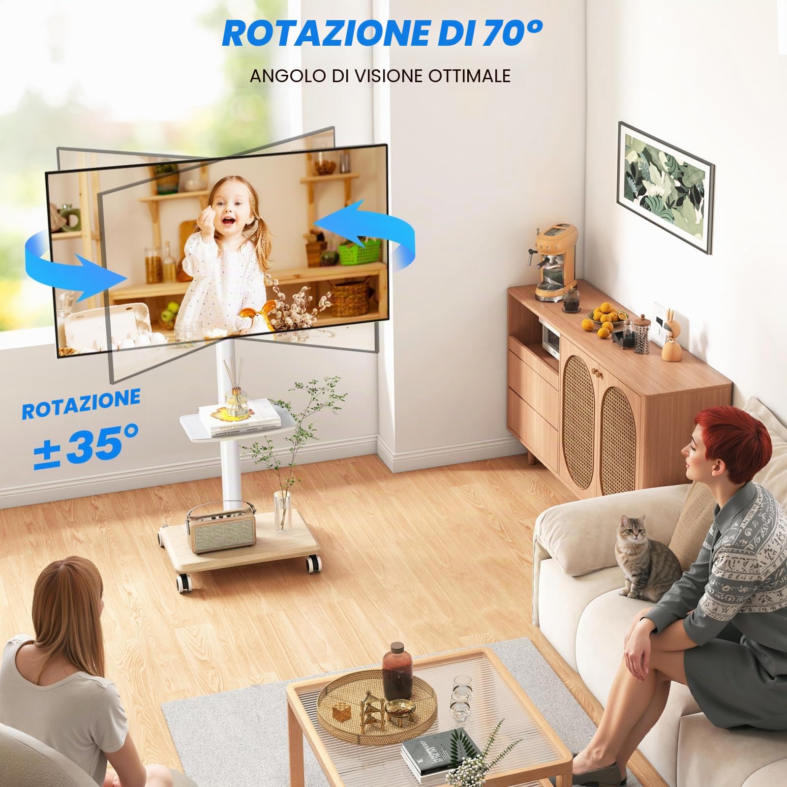 5Rcom TV Portatile con Piedistallo con Ruote per 27-55 Pollici, Supporto TV da Pavimento con Legno Base, TVs con le Ruote con Ripiano Max VESA 400x400mm 30kg (Bianca)