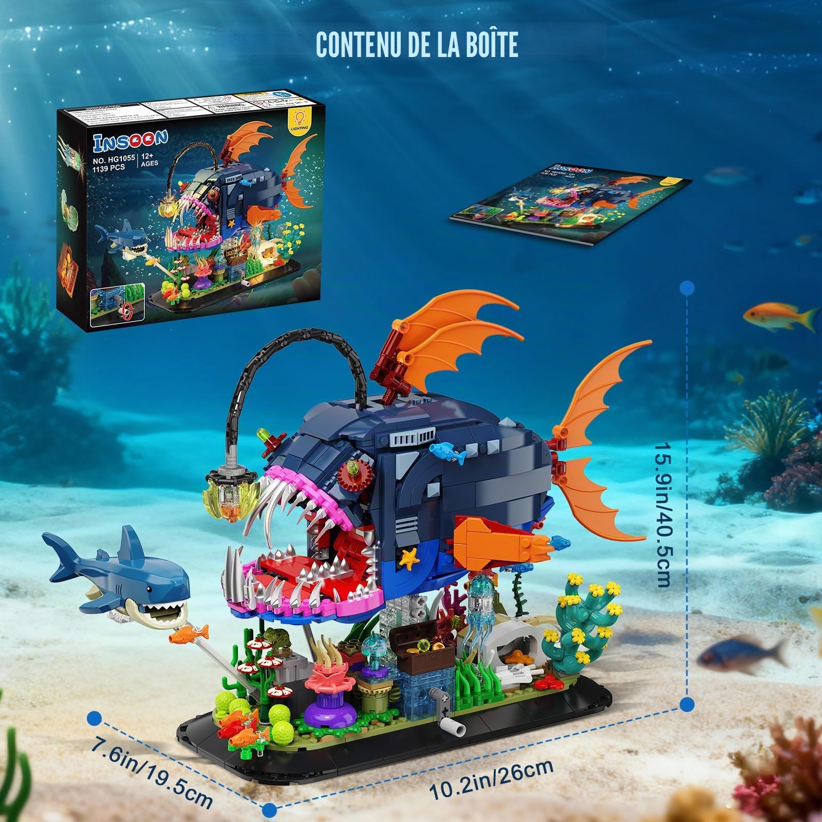 INSOON Set de Construction Poisson-Lanterne Mécanique avec Lumières, Poisson-Pêcheur Articulé avec Requin et Méduse, Kit Animal Marin 1139 Pièces, Cadeau Déco Adultes et Enfants 12+