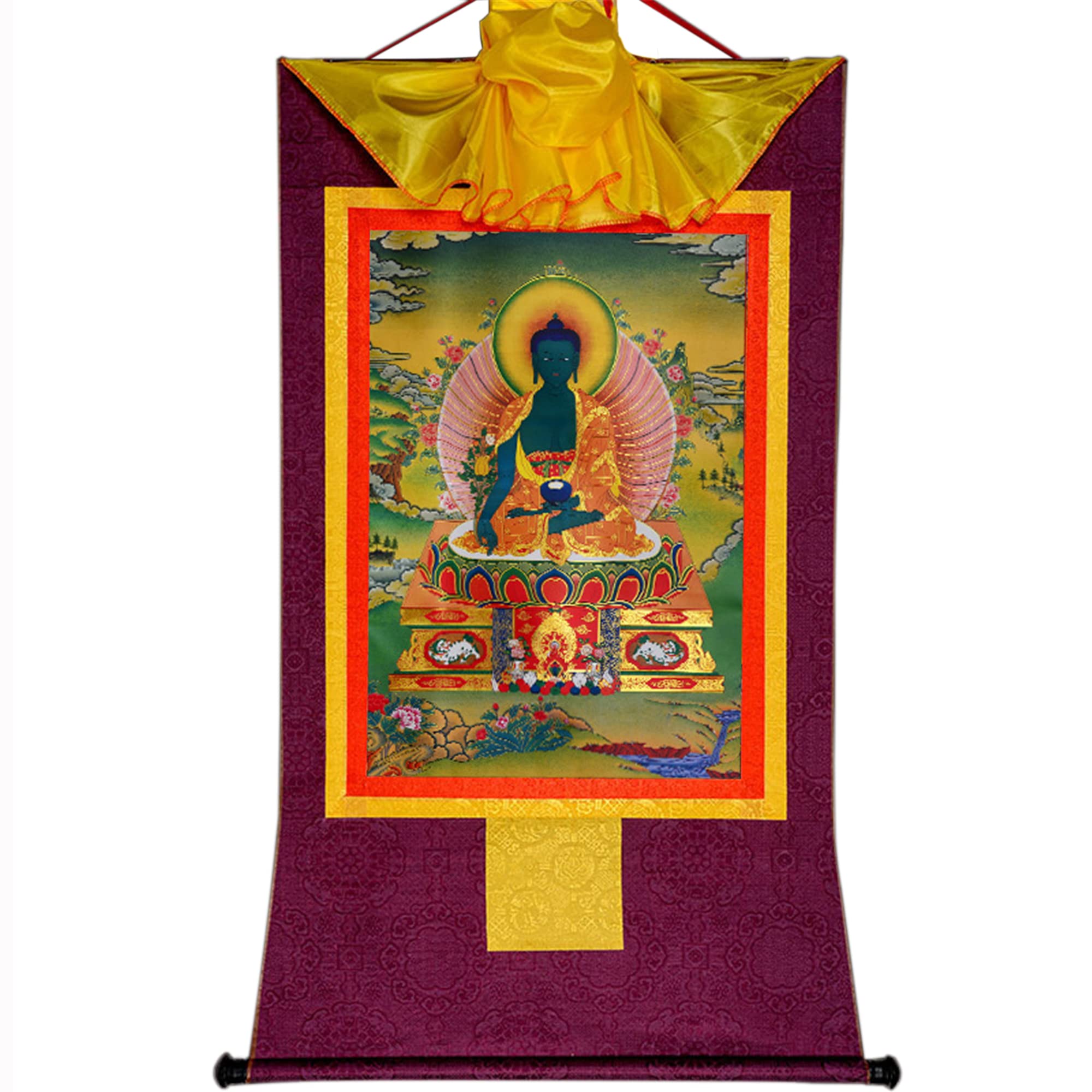 Thangka tibetano, pittura thangka, arazzo buddista, buddismo tibetano tantrico Thangka da appendere alla parete, Bhaisajyaguru, Buddha della medicina, arazzo buddista in broccato stampato a caldo for