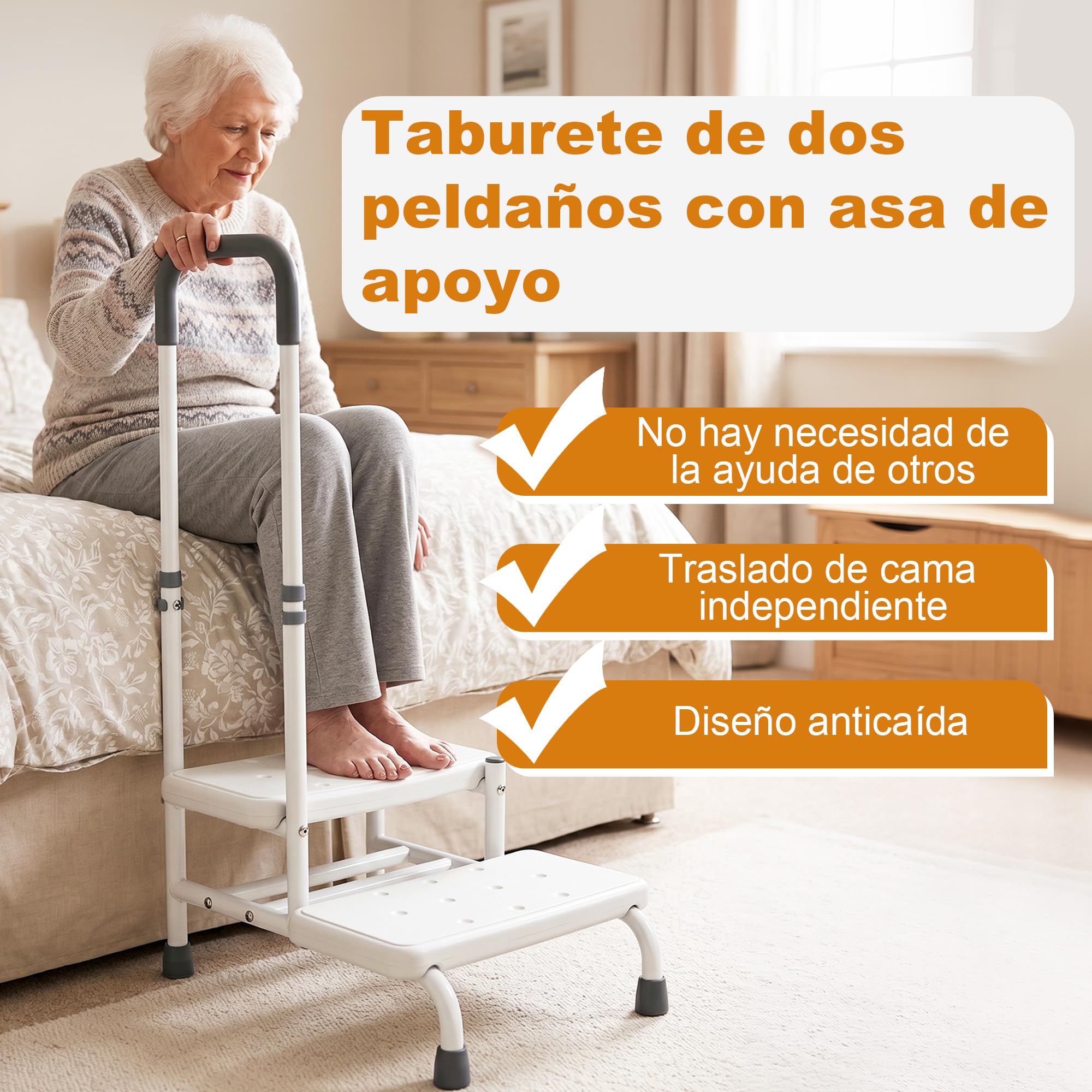 Escalera De 2 Escalones con Pasamanos Amplia Plataforma, Antideslizante Escalón Robusto Y Estable Ideal para Dormitorio Cama Bañera Y como Ayuda para Subir A Personas Mayores Embarazadas Y Adultos