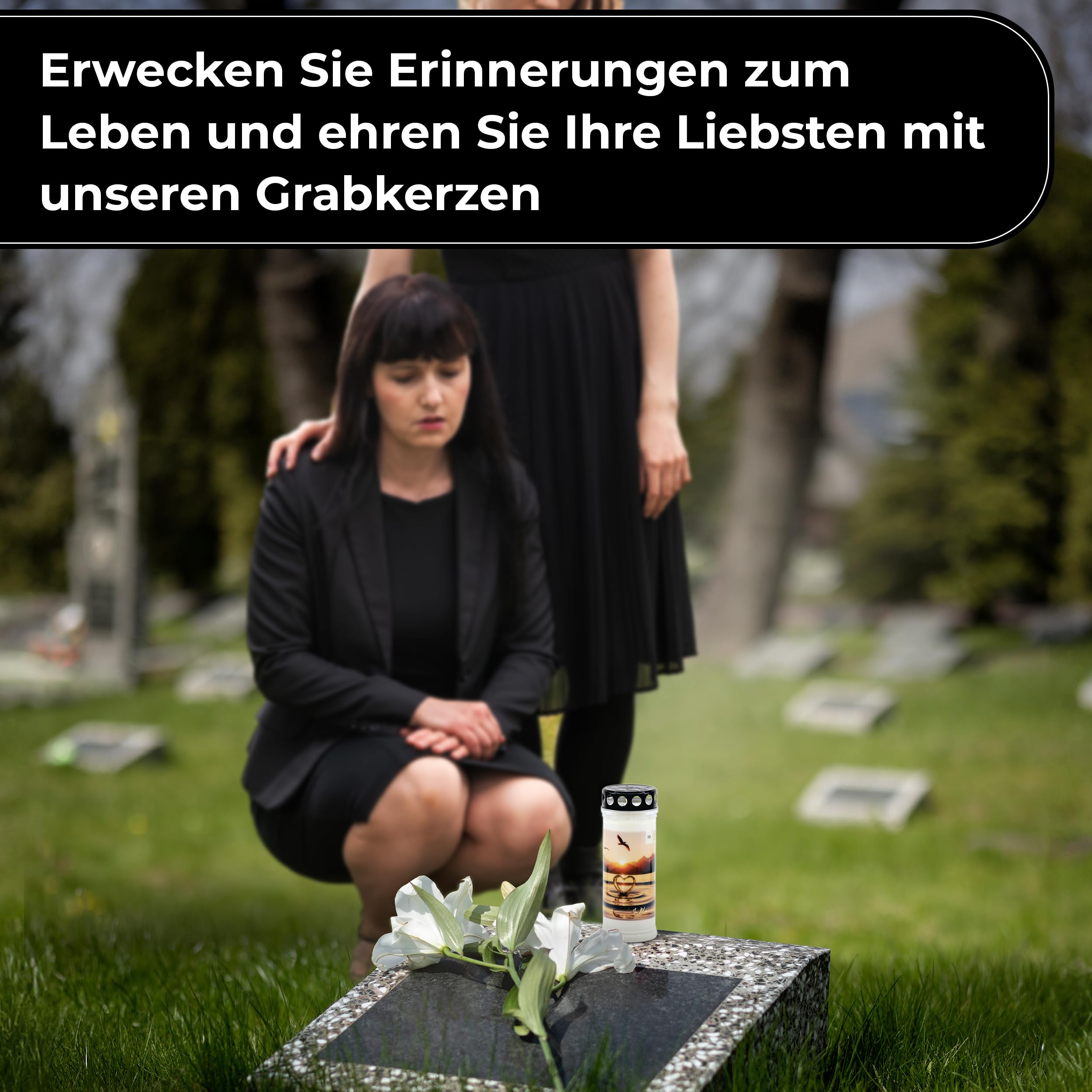 12er Set EMILAS GRABKERZEN 7 Tage Brenndauer – Trauerkerzen für ein stilvolles Grabdeko – Grabschmuck mit 5 Motiven – Grablichter mit Deckel – Friedhofskerze für Ruhestätten