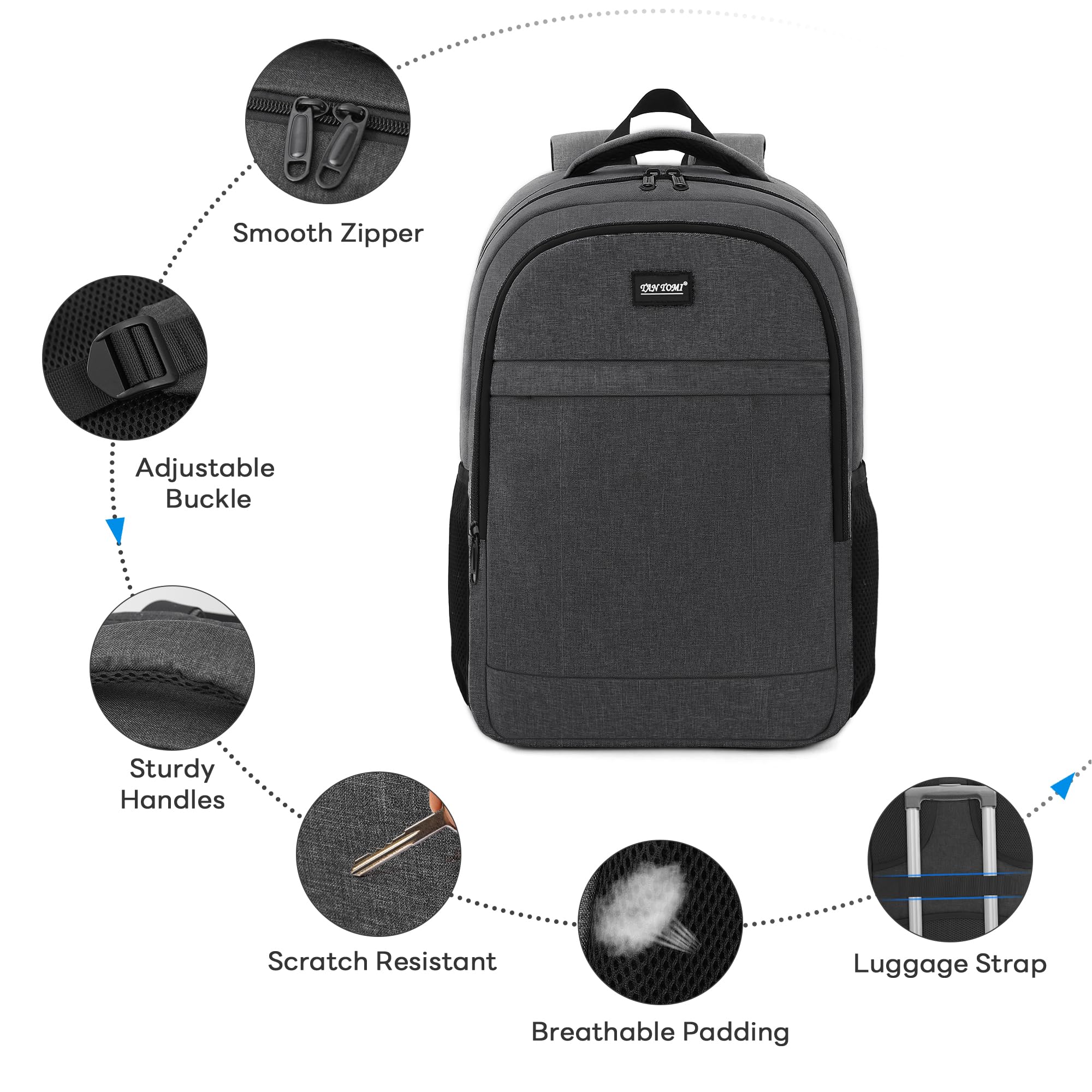 TANTOMI Grand sac à dos pour homme de 17,7 pouces avec port de charge USB, durable, antivol, résistant à l'eau, pour voyage, bureau, université, Noir , M, Classique