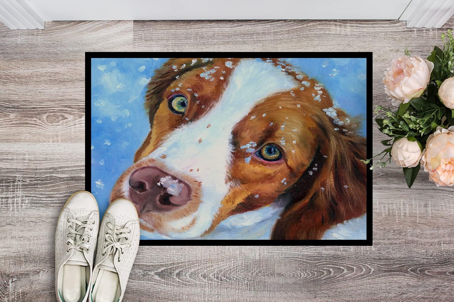 Caroline's Treasures 7348JMAT Snow Baby Brittany Spaniel Doormat 24x36 Front Door Mat Indoor Outdoor Rugs for Entryway, Non Slip Washable Low Pile, 24H X 36W