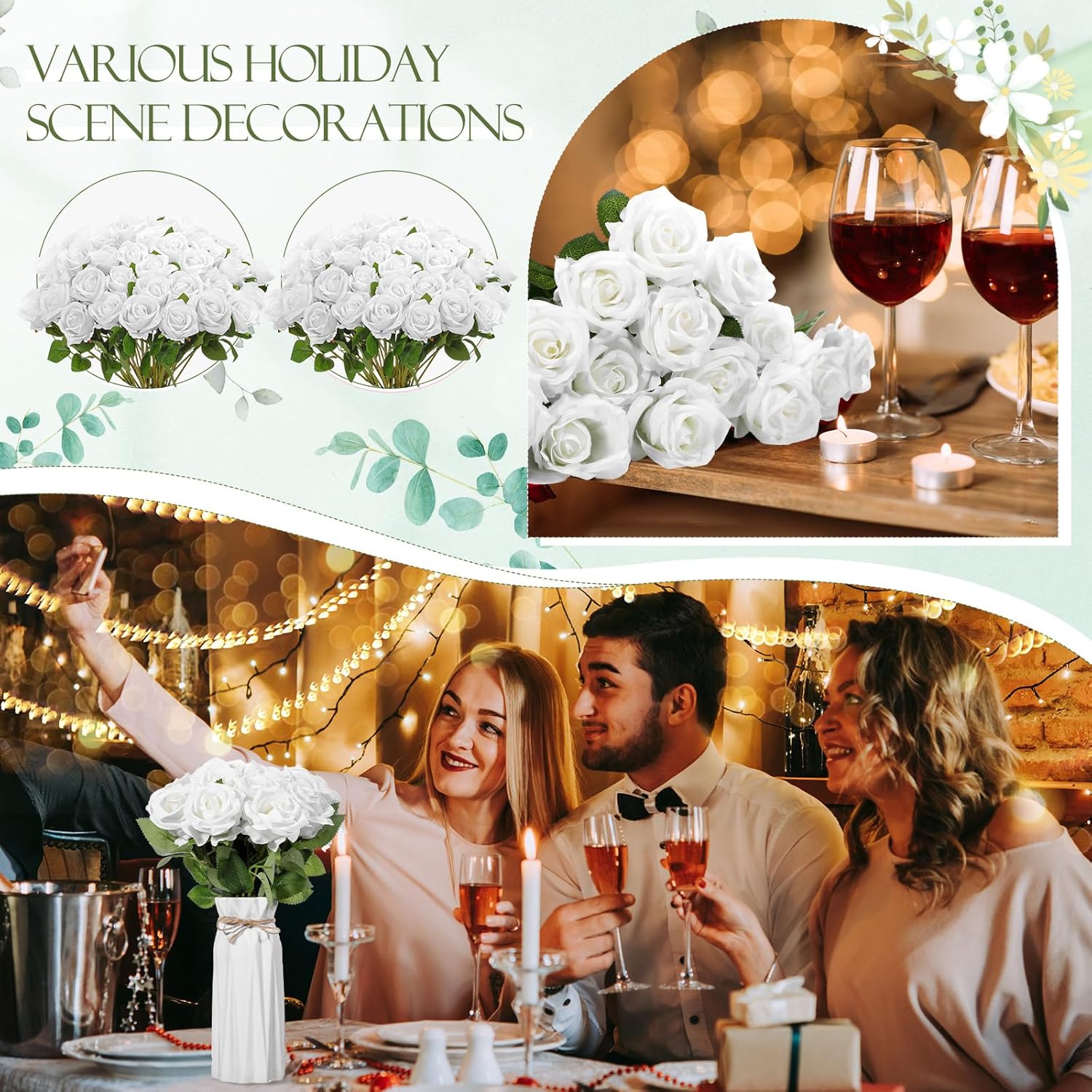 Hotop 20 Pcs Artificial Rose Flowers with Long Stem,Real Touch Silk Realistic Plastic Bouquet Roses Bulk for Home Decor Bridal Wedding Party Table Centerpieces Decorations(Pure White) - Image 7