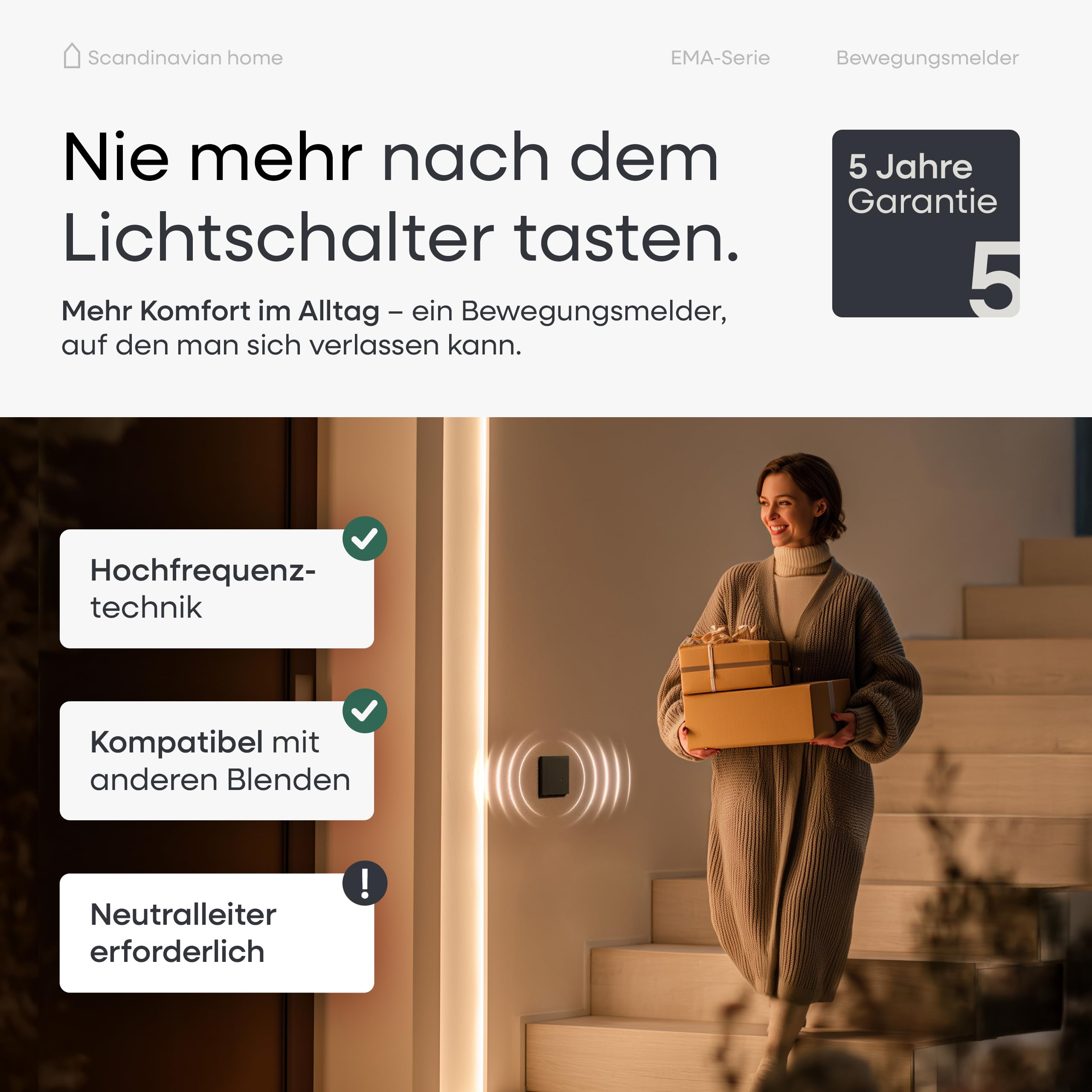 Scandinavian Home - Rilevatore di movimento per interni, con sensore di movimento, misura standard 55-180°, 15 m, con tecnologia a 3 fili/neutro per LED, montaggio a incasso, antracite opaco