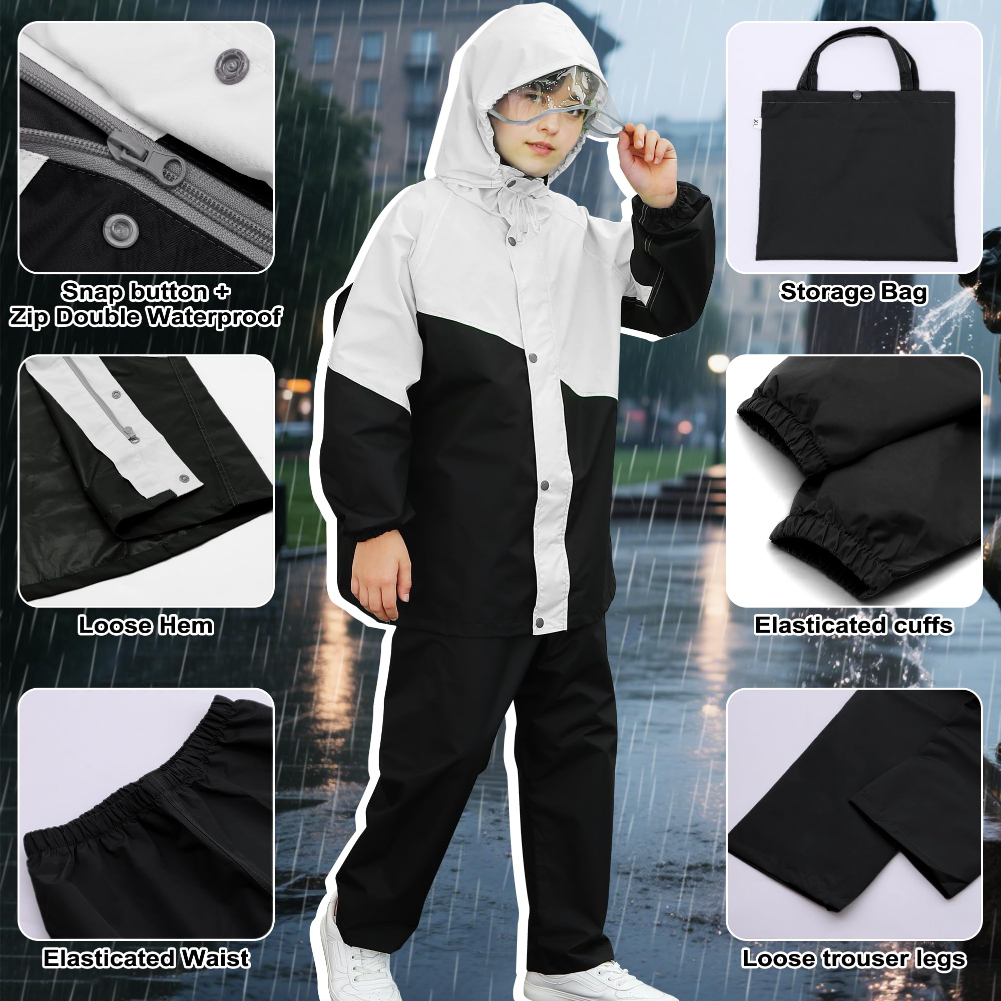 Tuta Impermeabile Ragazze Ragazzi, Leggero Antipioggia Giacca con Cappuccio e Pantaloni Set, Unisex Bambini Impermeabili Tute Pioggia con Strisce Riflettenti per 8-14 anni
