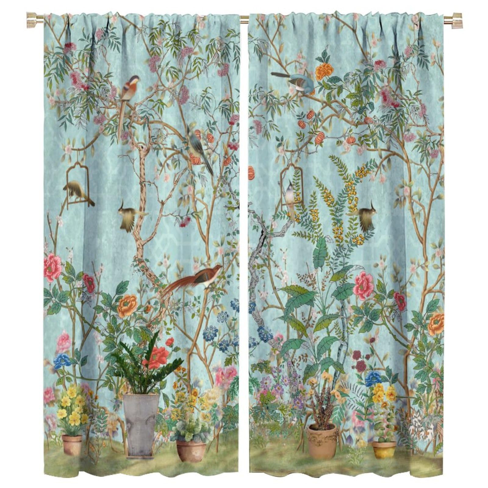 Coalho Abstract William Morris Floral Bird Curtain Rustic Mid Century Spring Garden Green Leaves Florals Window Treatments Thermal Insulated Rod Pocket Blackout Curtains- 2 Panels 63" L X 27.5" W