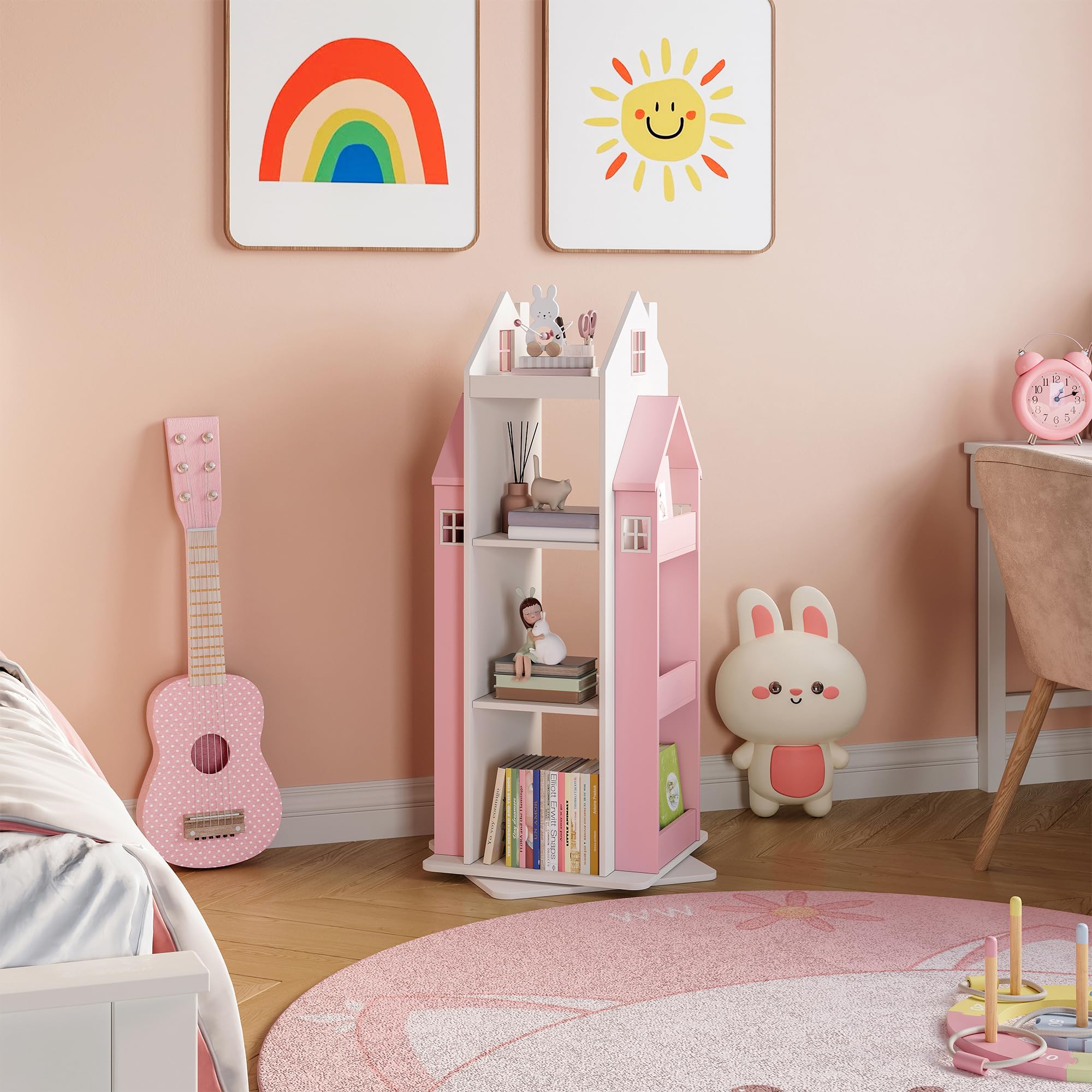 [en.casa] Scaffale Girevole per Cameretta a Forma di Casetta Libreria Rotante per Bambini con Ripiani e Porta Libri Laterali 108x40x40 cm Rosa/Bianco