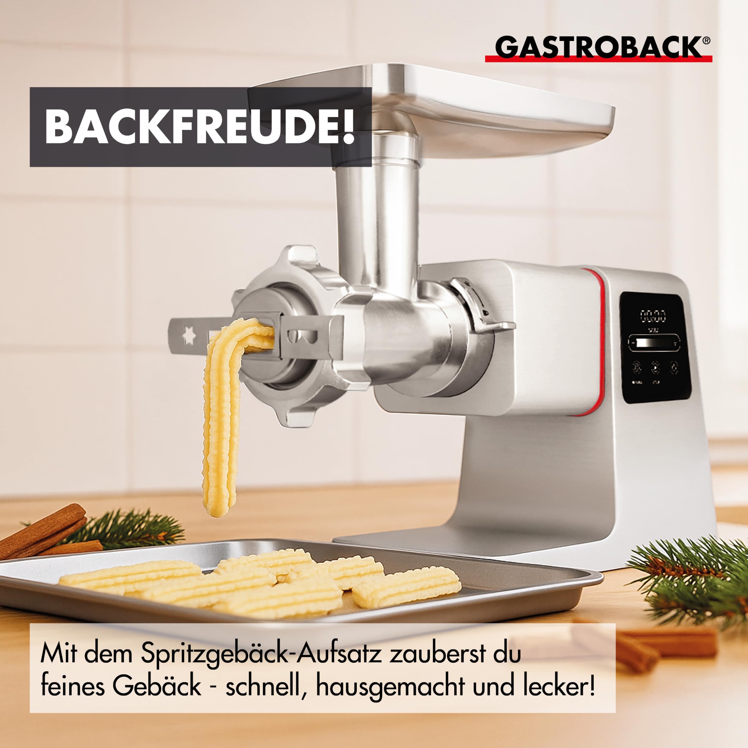 GASTROBACK Elektrischer Fleischwolf mit Wurstfüller und Spritzgebäckvorsatz - 2500 Watt 6-in-1 Edelstahl Meat Grinder - Wurstfüllmaschine elektrisch mit Touch Screen inkl Burger-Presse