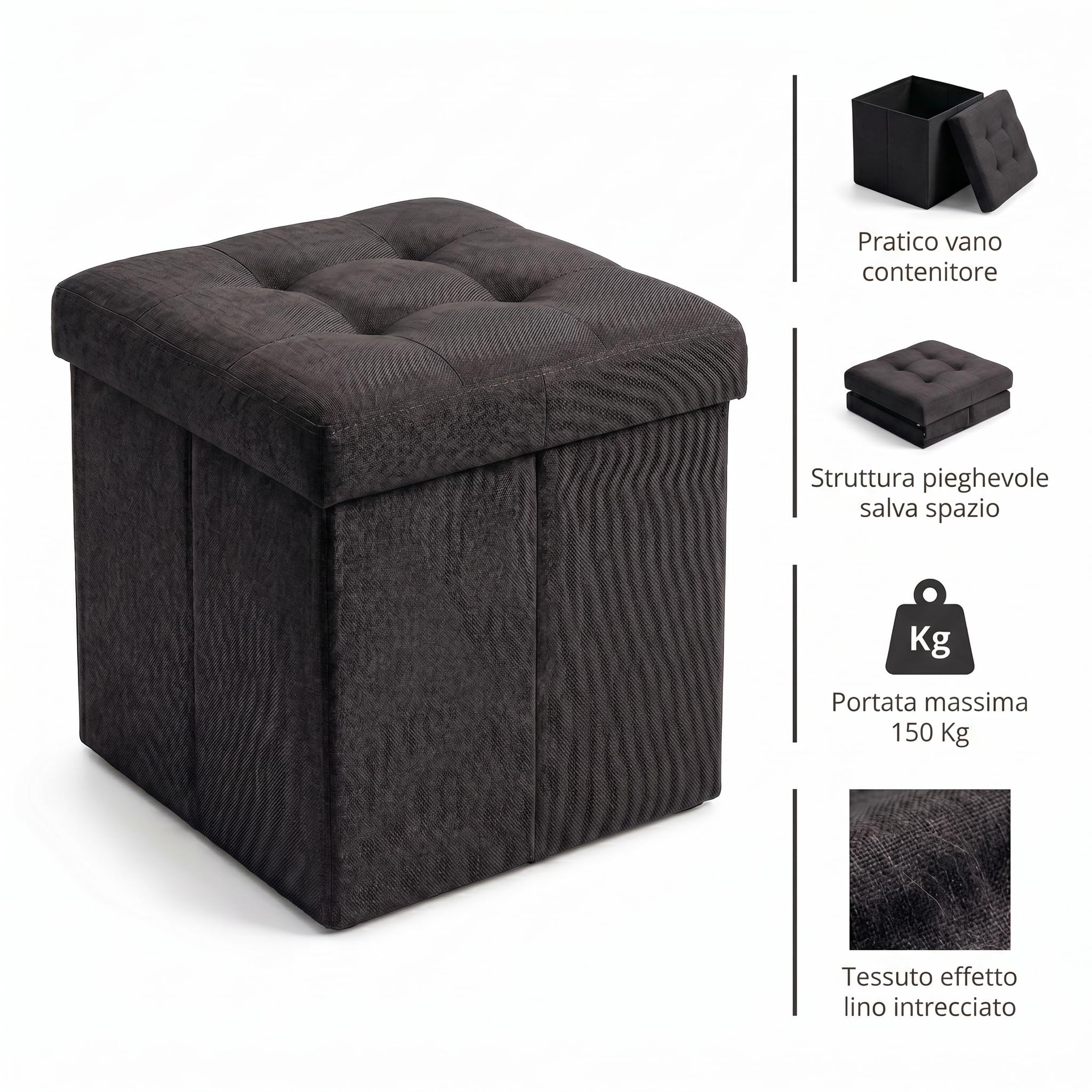 INTRECCI Pouf Salvaspazio in Tessuto – Panca Imbottita Versatile e Facile da Pulire – Contenitore 38x38x38 cm - Design Moderno e Compatto, Facile da Montare – Colore: Nero