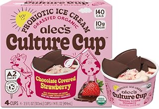 Alec's Culture Cup Probiotic A2 Organic Ice Cream: Chocolate Covered Strawberry 3.5oz 4-Pack - Gut-Friendly & Regenerative