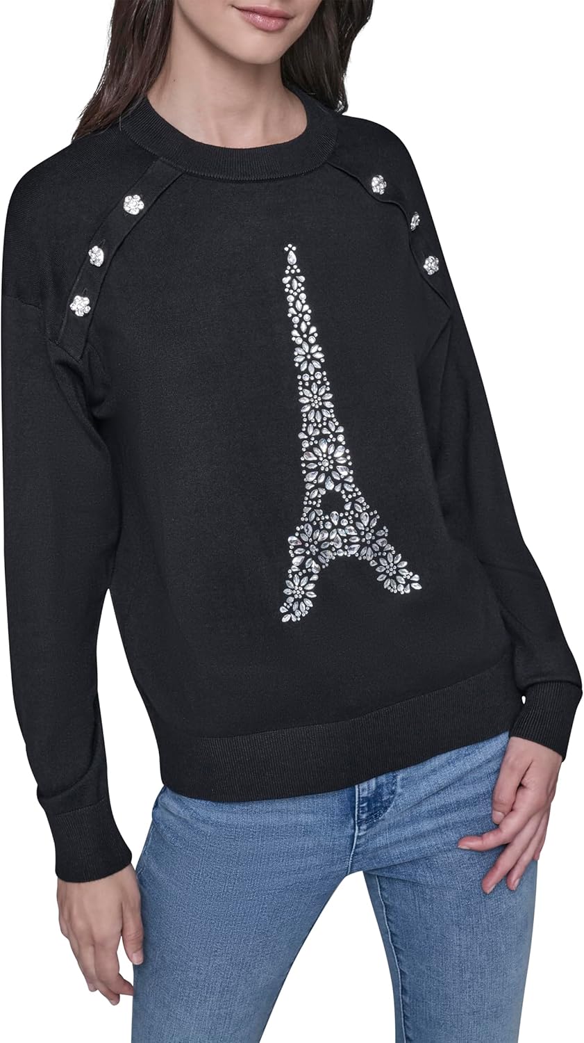 KARL LAGERFELD womens Long Sleeve Crew Neck Bejewled Eiffel Tower Sweater