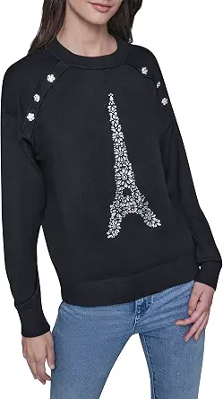KARL LAGERFELD Women's Long Sleeve Crew Neck Bejewled Eiffel Tower Sweater