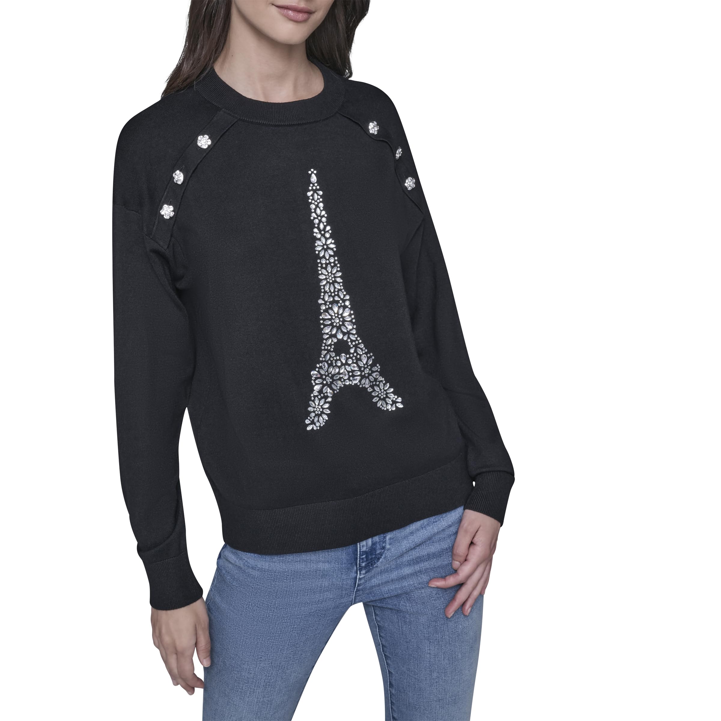 KARL LAGERFELD womens Long Sleeve Crew Neck Bejewled Eiffel Tower Sweater