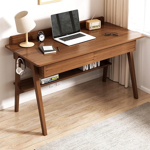 Desk Home Office Workstation Computer Desk Mid-Century Modern Walnut Desk with 2 Drawers and Shelves (39, Walnut)