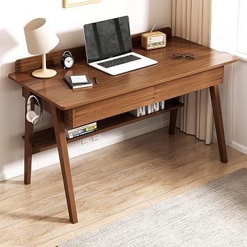 Desk Home Office Workstation Computer Desk Mid-Century Modern Walnut Desk with 2 Drawers and Shelves (39, Walnut)