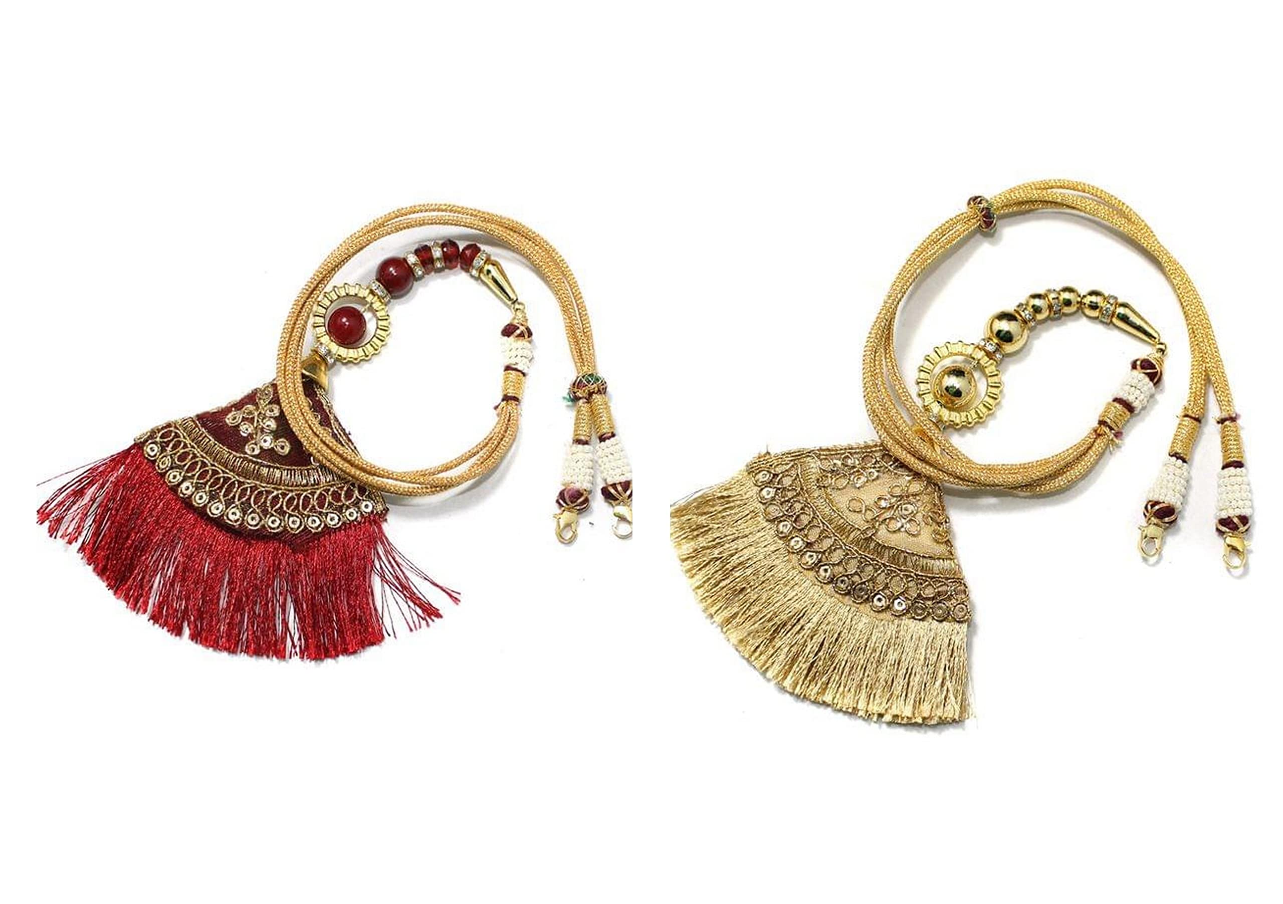 Beadsnfashion 2 Pcs Adjustable Necklace Back Rope Dori with Latkan – Maroon and Golden for Jewellery Making