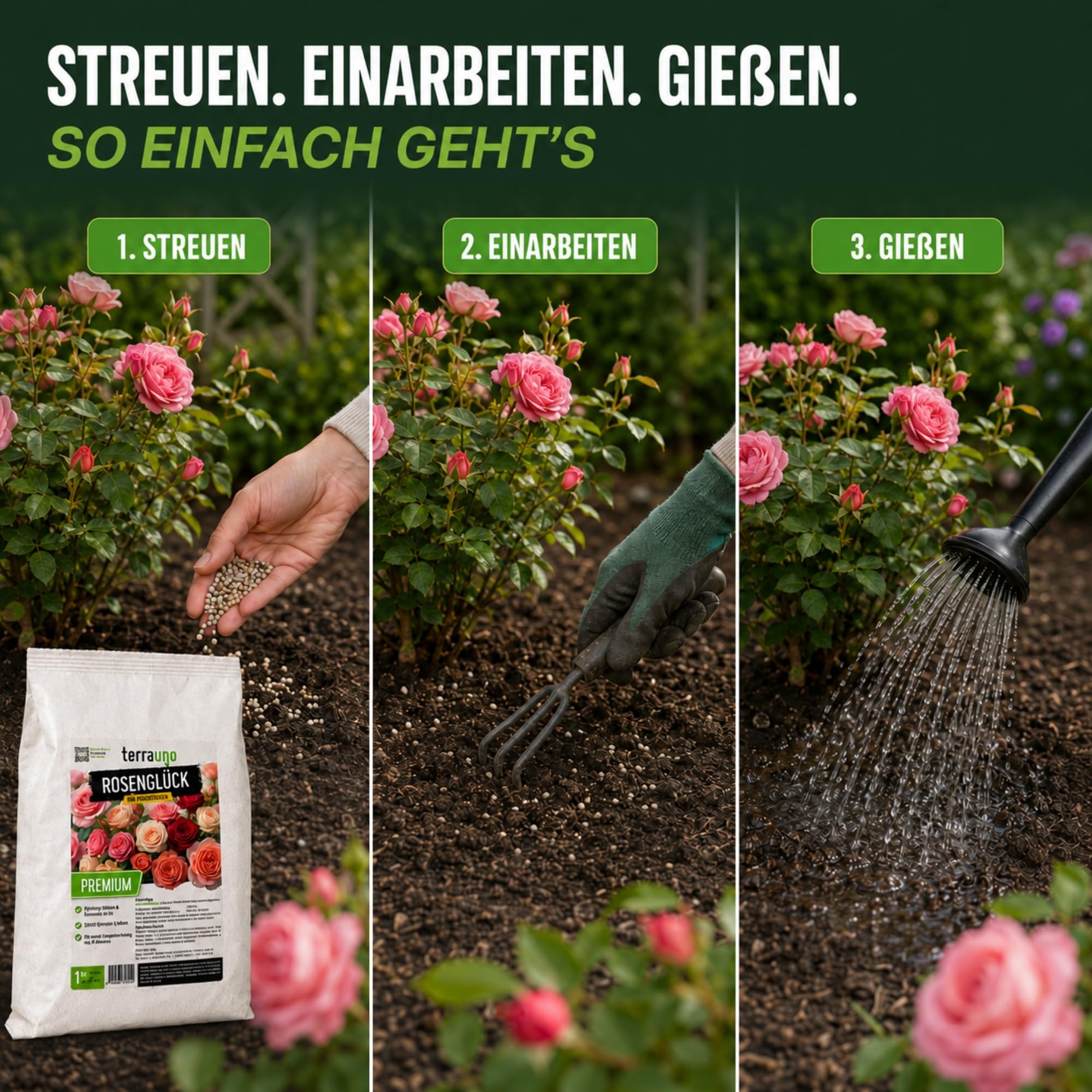 TerraUno Rosenglück Rosendünger Bio 1 kg, Rosen Dünger Langzeit für Beet-, Kletter- & Edelrosen, stärkt Wurzeln, für Prächtige Blüten & Intensive Farben, Organischer Blumendünger