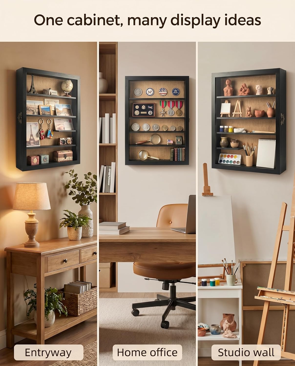 Shadow Box Frame 14x17 with 4 Shelves, Deep Memory Box Display Cabinet with Movable Shelves,Used for Collecting Medals,Keepsake Coins,Pictures,Flowers,Weddings,Military (Black)