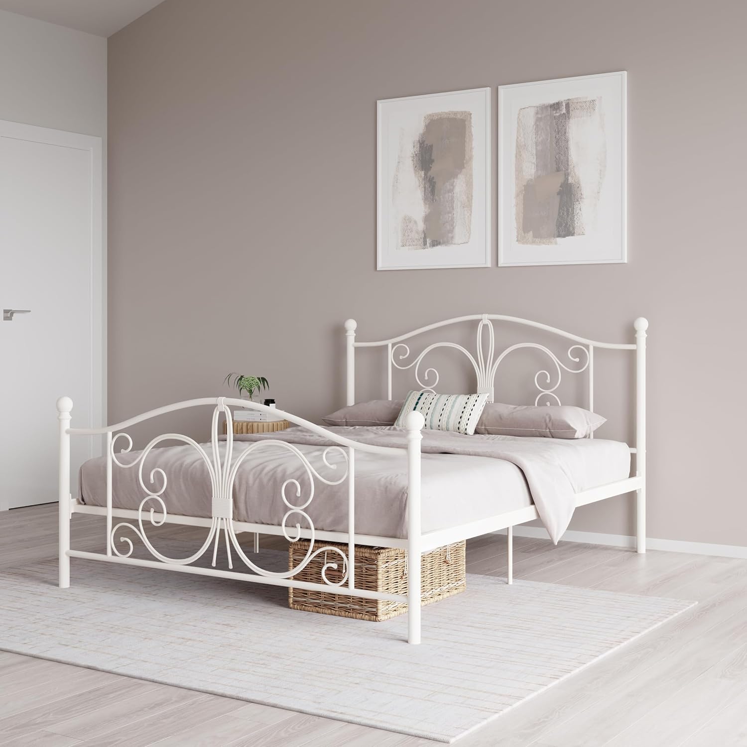 DHP Bombay Metal Platform Bed with Parisian Style Headboard and Footboard, Adjustable Base Height for Underbed Storage, No Box Spring Needed, Full, White