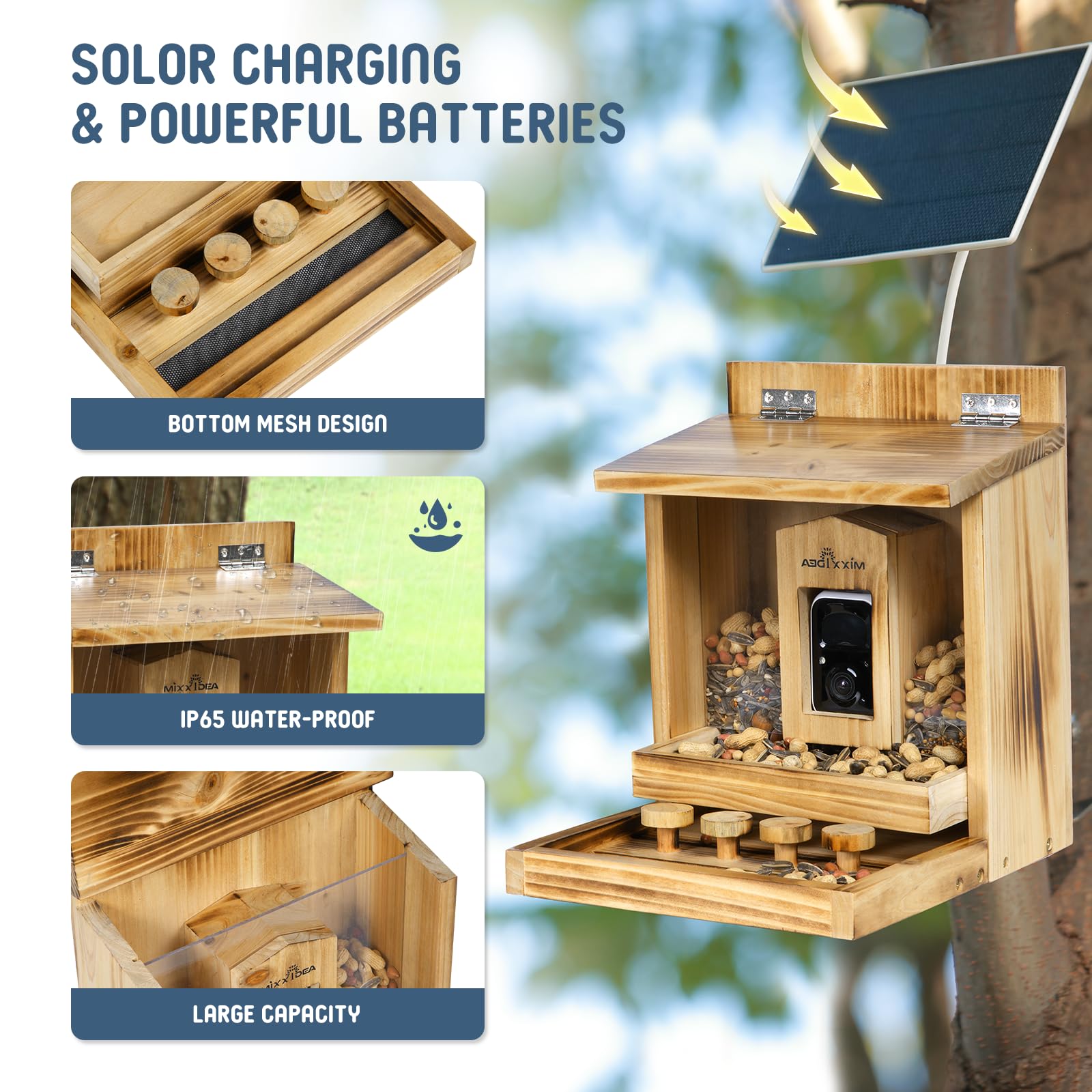 MIXXIDEA Eichhörnchen-Futterspender aus Holz mit Kamera, Smart Eichhörnchen Feeder mit Solarpanel, KI-Identifikation, 2K HD+ Video, Cloud-Speicher, große Kapazität, ideal für Eichhörnchenliebhaber