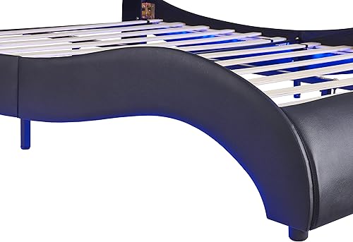 Miniatura 6 de Cama de plataforma ondulada tamaño Queen con luz LED ajustable, moderna base de cama tapizada de piel sintética para niños con soporte de listones