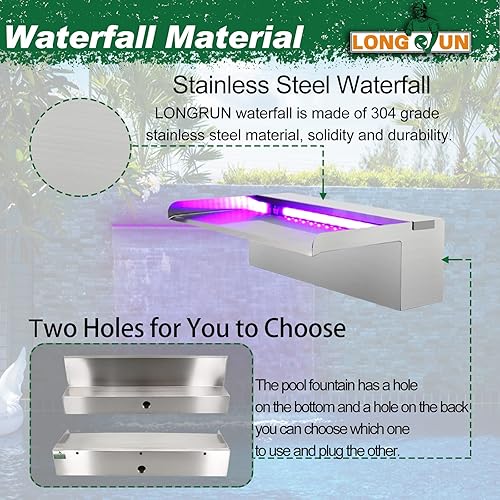 Miniatura 5 de LONGRUN Cascadas de estanque de acero inoxidable con luz LED que cambia de color, fuente de piscina al aire libre, kit de cascada para jardín,