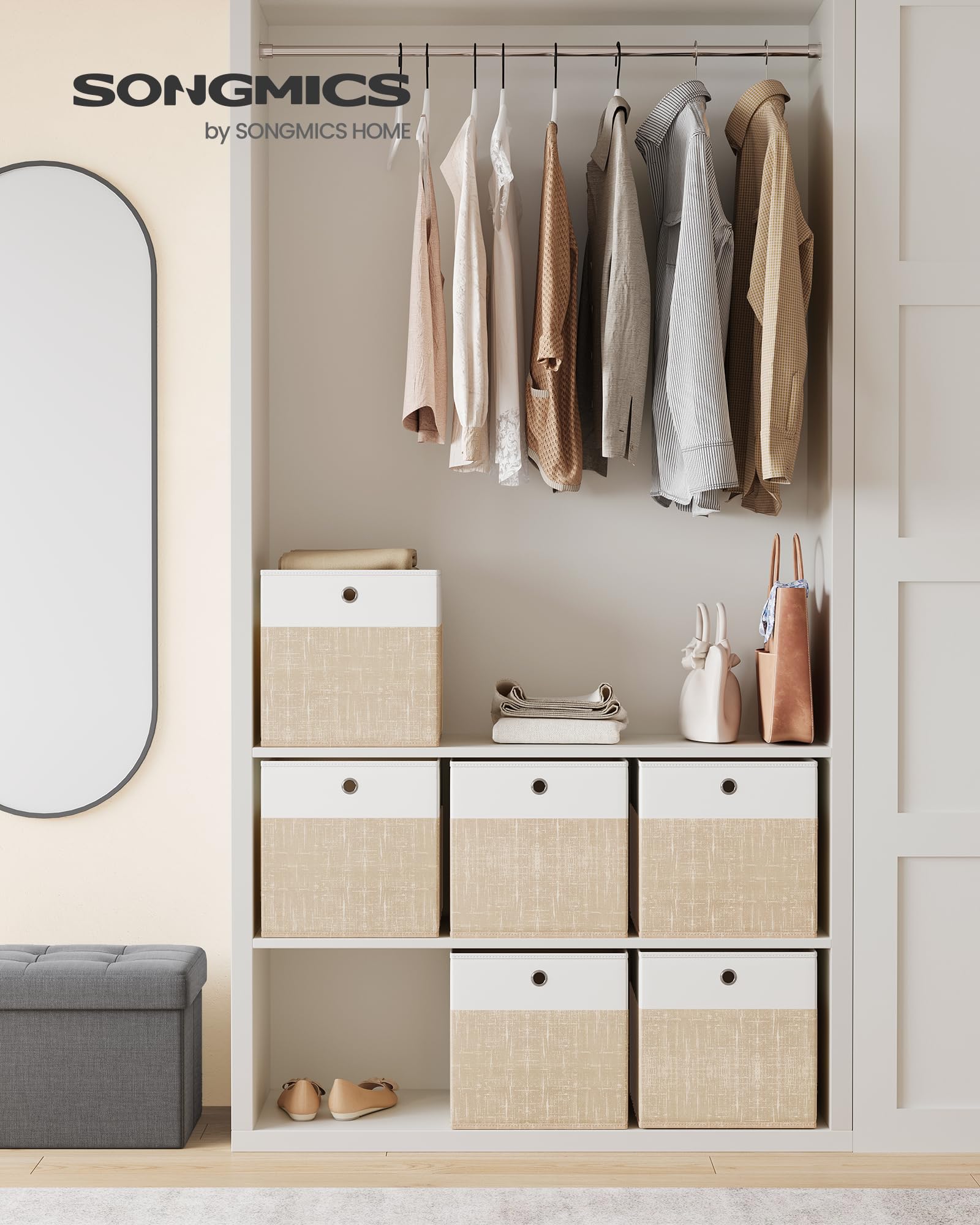 SONGMICS Scatole Portaoggetti, Set di 6, Contenitori in Tessuto, Pannelli in PP, Inodori, Pieghevoli, per Scaffale a Cubo, 30 x 30 x 30 cm, Bianco Nuvola e Beige Sabbia RFB430LF02