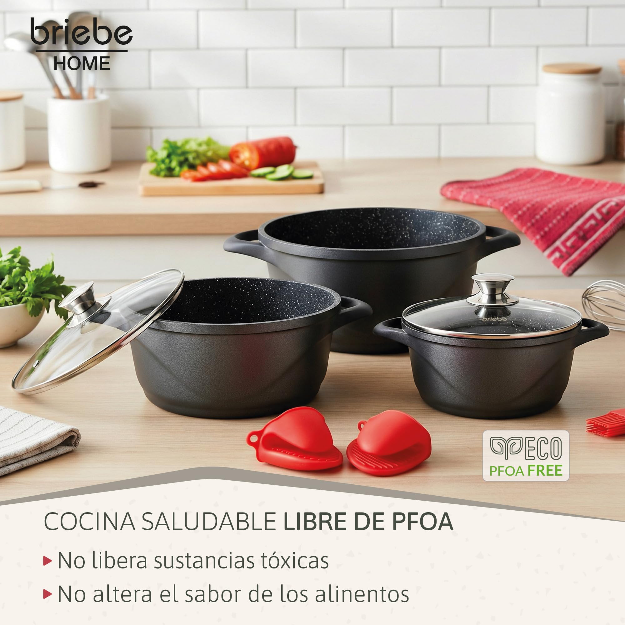 briebe Batería Cocina Inducción 6 Piezas, Juego 3 Ollas Aluminio Fundido, Antiadherente ILAG GRANITEC sin PFOA, Set Cazuelas Tapas Cristal, Guantes Silicona, Vitrocerámica, Gas, Horno, MGK-18