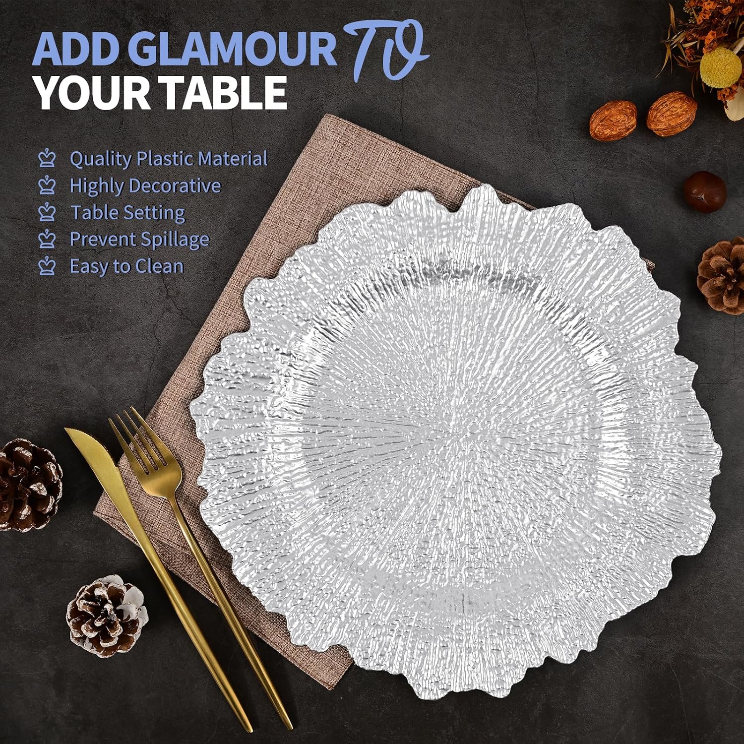 24 Pcs Silver Charger Plates Bulk 13 Inch Plastic Charger Plates for Dinner Plate, Silver Chargers for Table Setting, Reef Design Plate Floral Decorative Round Chargers for Wedding Party, Event
