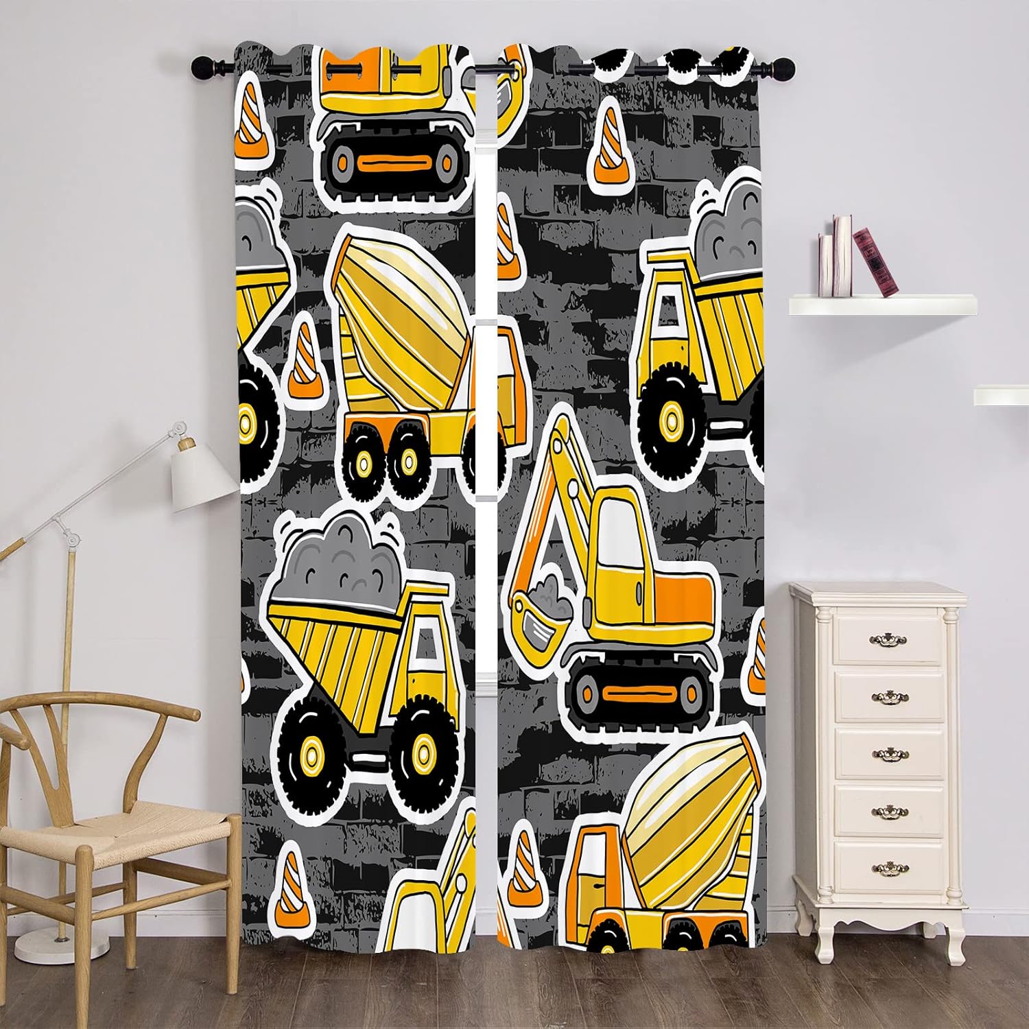 Kids Tractor Curtains, Construction Excavator Window Curtains for Boys Girls Bedroom - Thermal Insulated Room Curtains for Living Room, 2 Window Curtain Panels