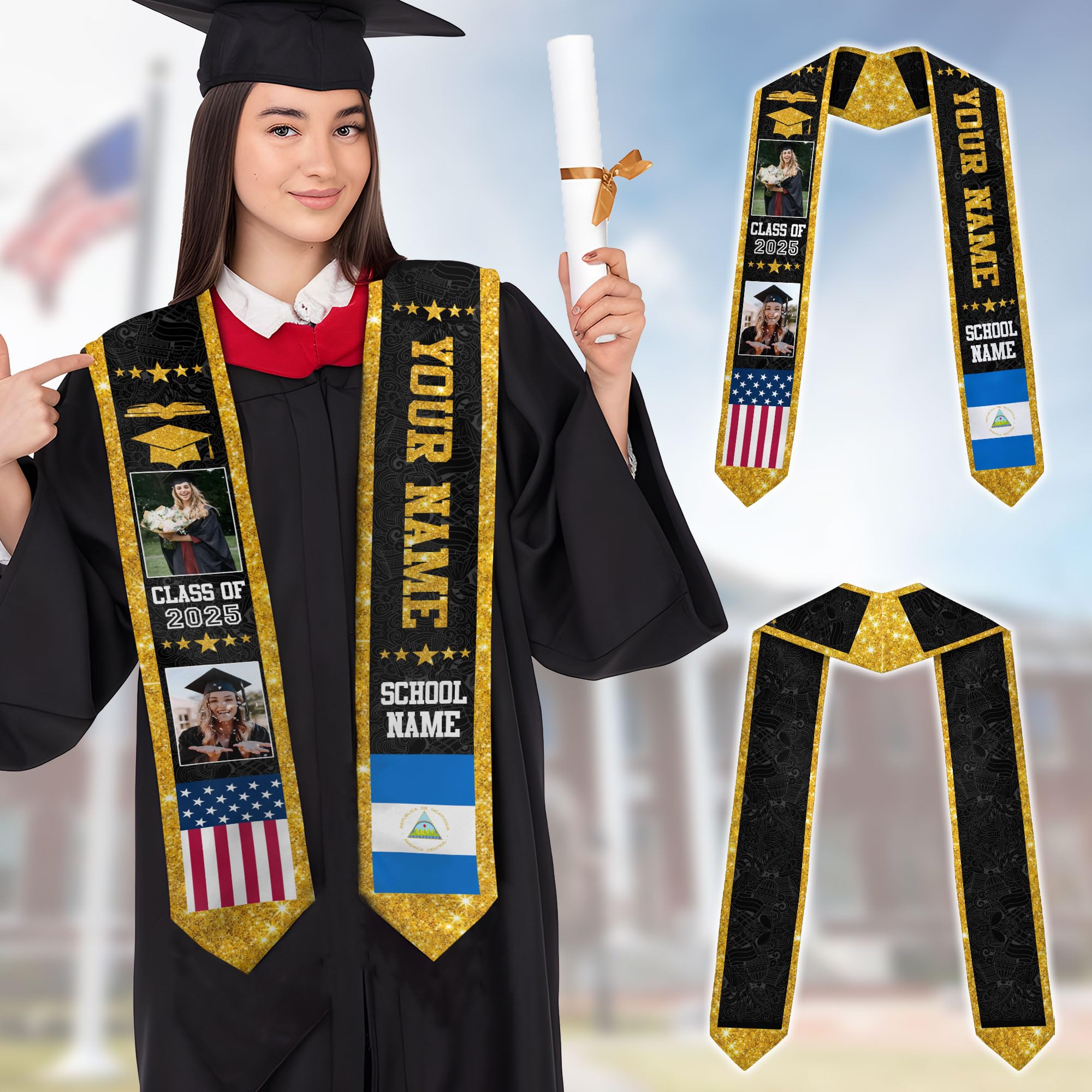 MonkeyVan Custom Nicaraguans Graduation Sash 2025, Nicaragua Graduation Stole, Nicaraguans American Flag Graduation Sash 2025 Ncrg 7