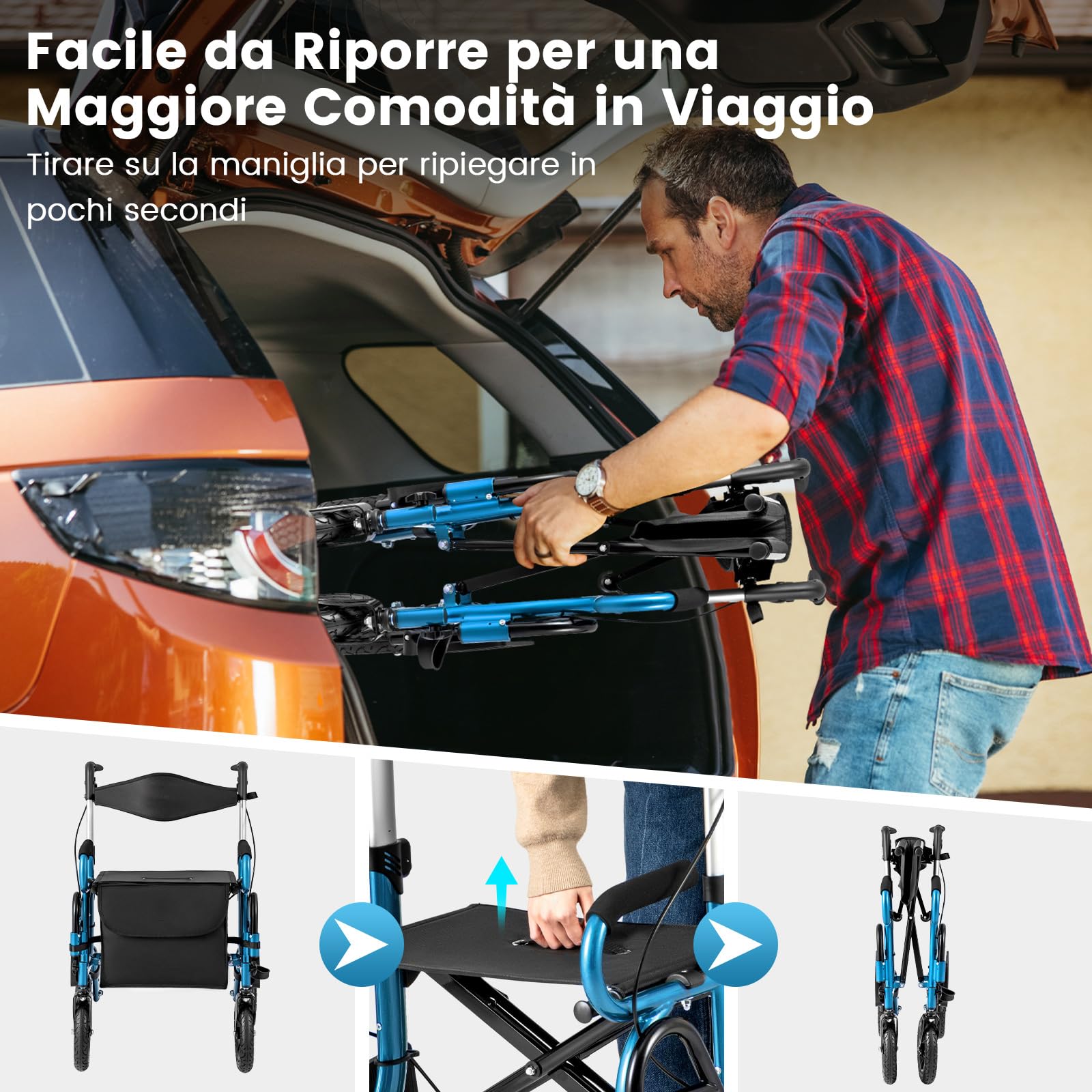COSTWAY 2 in 1 Deambulatore e Sedie a Rotelle in Alluminio, Rollator Pieghevole e Regolabile in Altezza con Seduta e Freni, Girello per Anziani con Ruote Robuste (Blu)