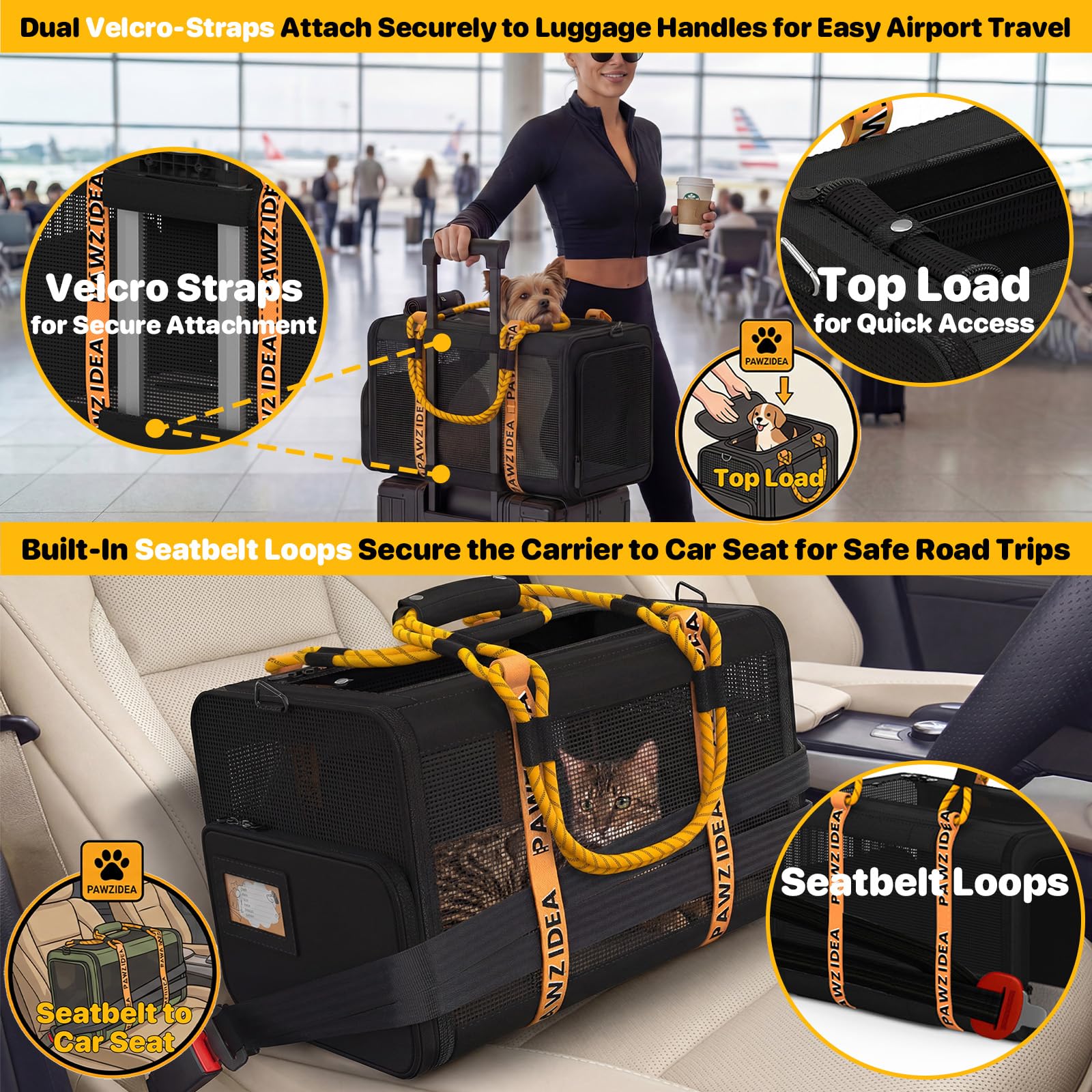 PAWZIDEA Expandable Pet Carrier Airline Approved, 18"&times;11"&times;11" Small Dog Carriers, Collapsible Top-Load Cat Carrier for 2 Cats Under Seat, Soft-Sided Puppy & Animal Travel Bag, ID Card, Up to 15lbs - image 6