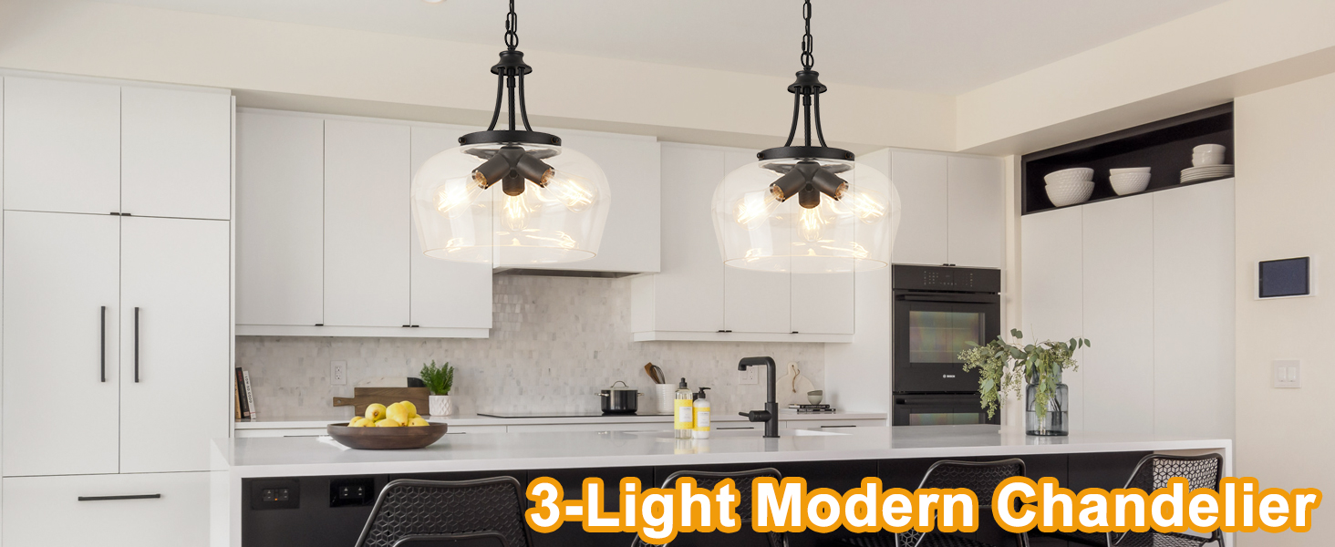 Image of Modern Pendant Lights Kitchen Island, 3-Light Brushed Nickel Pendant Light Fixtures with 14.2 inch Clear Glass Shade,Industrial Hanging Pendant Lights Fixture for Kitchen Island Dining Room Entryway Foyer