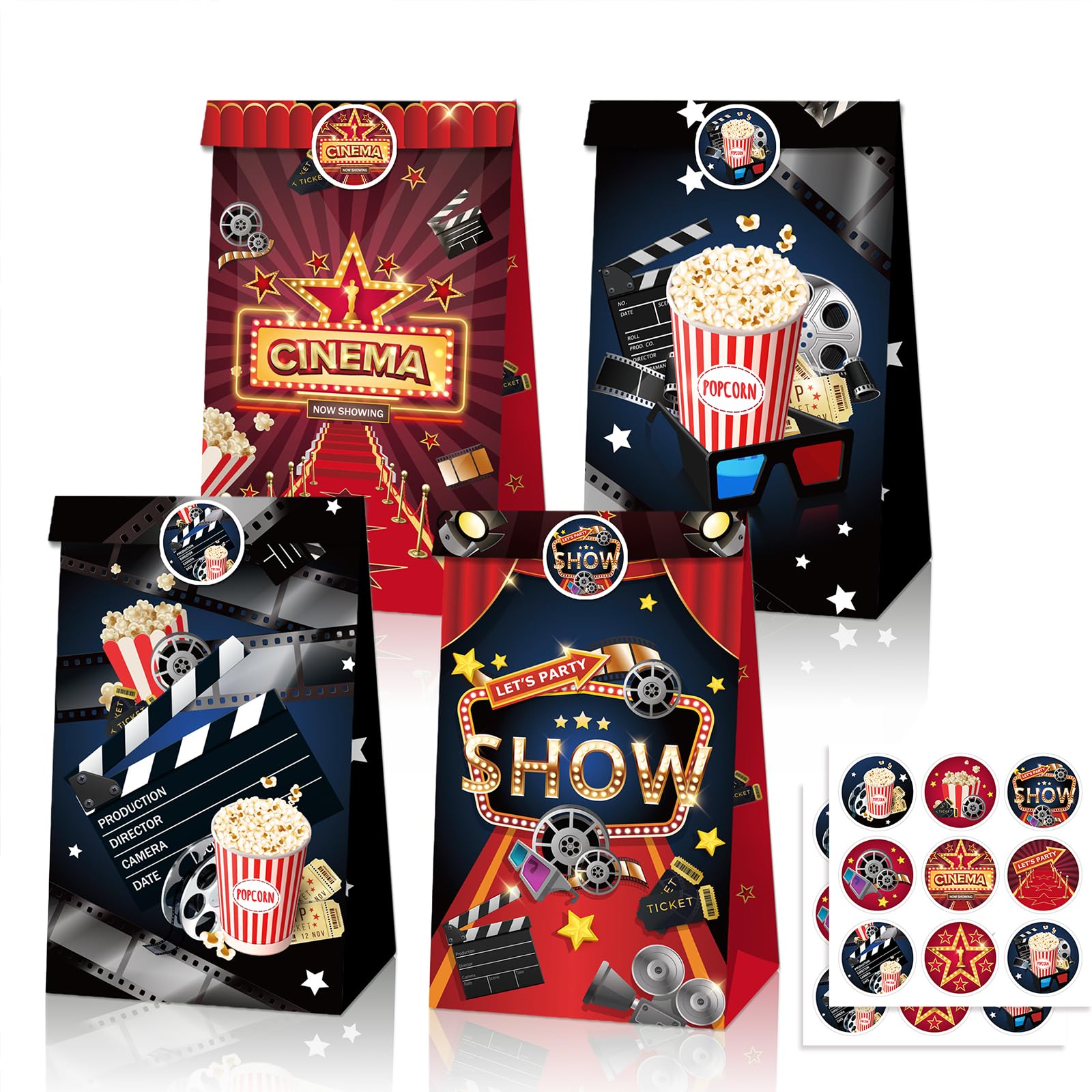 12Pcs Paper Party Bags for Kids Party, 22x12x8cm Hollywood Movies Small Gift Bag Candy Goodie Treat Bags with 18 Stickers for Boys Girls Birthday Movies Theme Parties Bag favours Presents — image 1