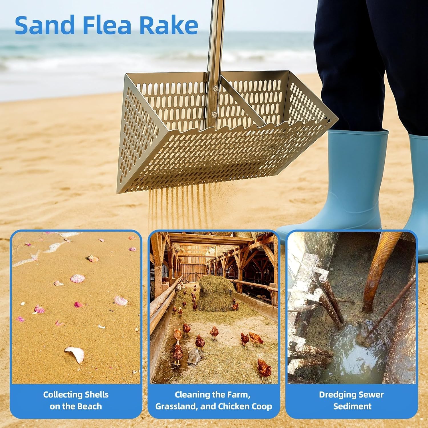 Edelstahl Strand Sandsieb, Strandrechen, Sandflohharke, Mit 15,8 Zoll Haifischzahn, Breiter Korb, 133cm Einstellbar Sandschaufel Dreiteiliger Griff, Faltbare Sandflohfalle Für Den Strand(Silver)