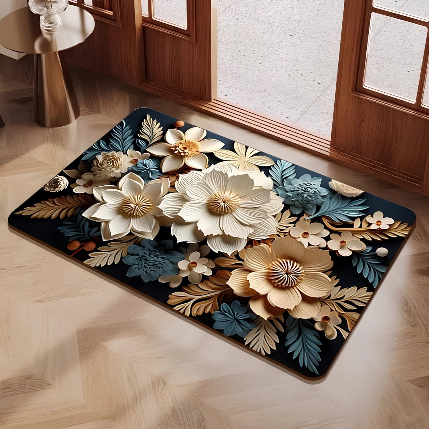 Arviz 3D Floral Printed Doormat for Home Entrance, Soft Quick Dry Water Absorbent Mat, Anti-Skid Rectangular Mat for Door, Bathroom, Balcony & Living Room (58 * 38cm)
