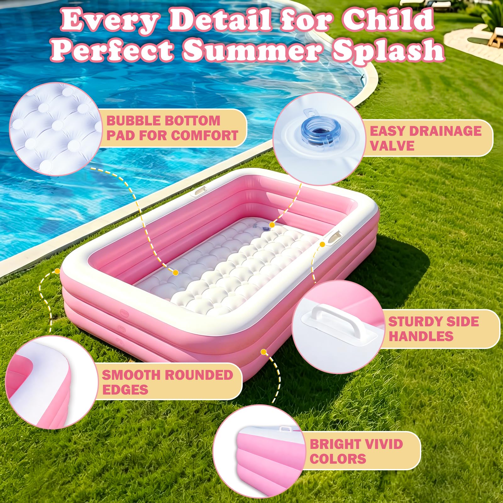 Piscina Hinchable Niños, Piscina Infantil Rectangular con 2 Pelotas de Playa y 2 Mini Pistolas de Agua, Piscine de Verano para Jardín, Exterior y Fiestas de Verano (Rosa)